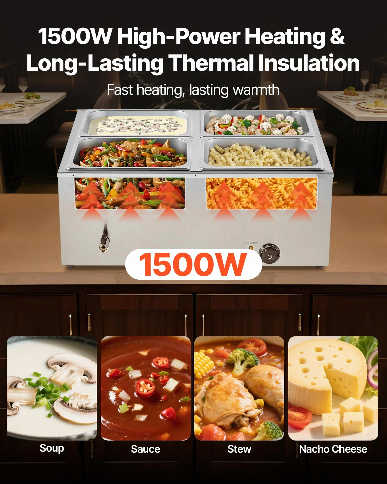VEVOR Calentador de Alimentos 1500 W Acero Inoxidable 4 Bandejas Baño María