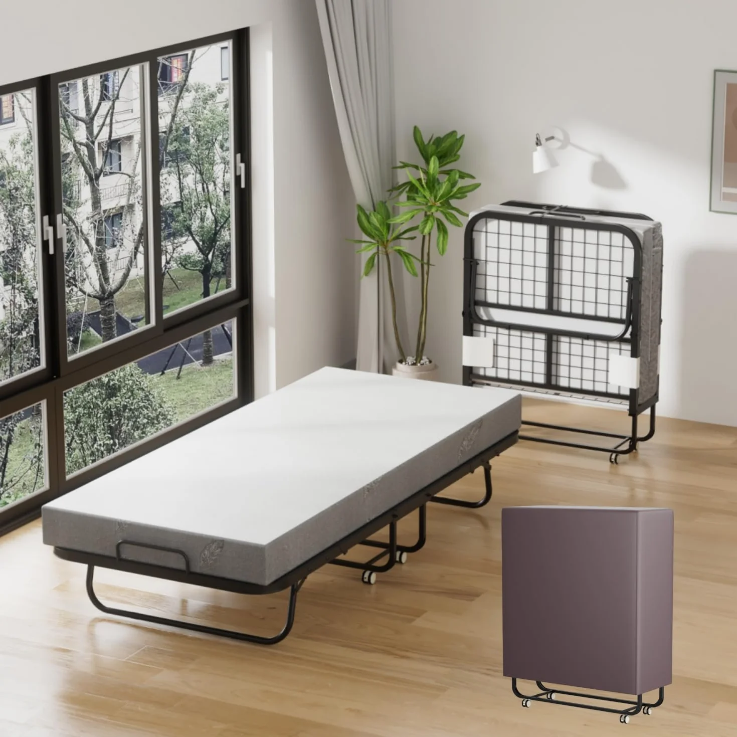 Daromigo Cama plegable de 90 x 200 cm, colchón 13 cm, individual metálica 4 ruedas, 150 kg, dormitorio/salón