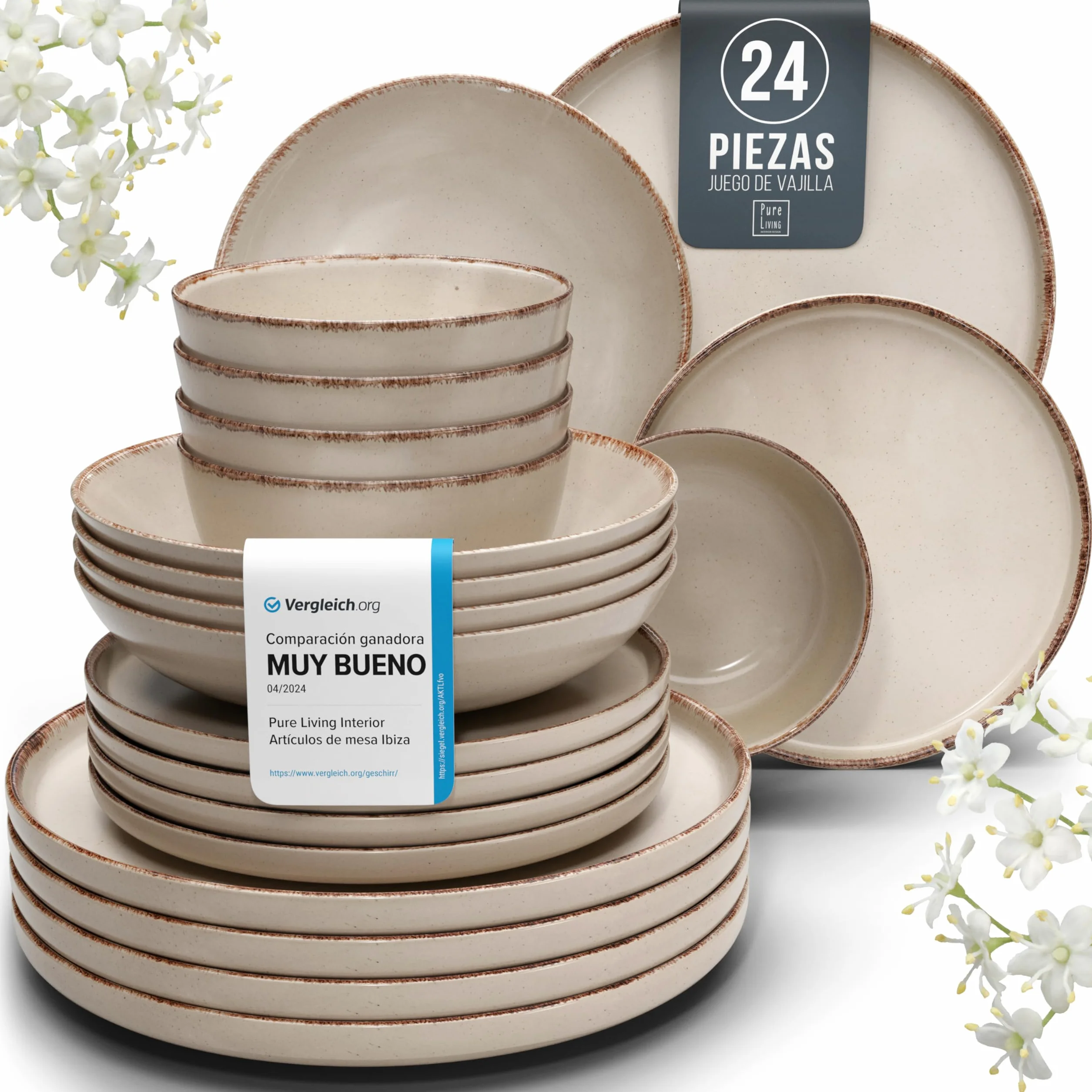 Vajillas para 6 Personas, Set de Steingut Rustic de 24 Piezas - Diseño Rústico y Moderno, Apto para Lavavajillas - Juego de Platos y Cuencos - Vajilla Pure Living en Color beige