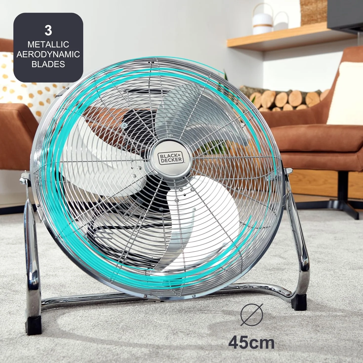 Black+Decker – Ventilador Circulador de Aire 120W | Diámetro 45 cm | Aspas Aluminio | 3 Velocidades | Rejilla Orientable | Estabilidad Total | Metálico