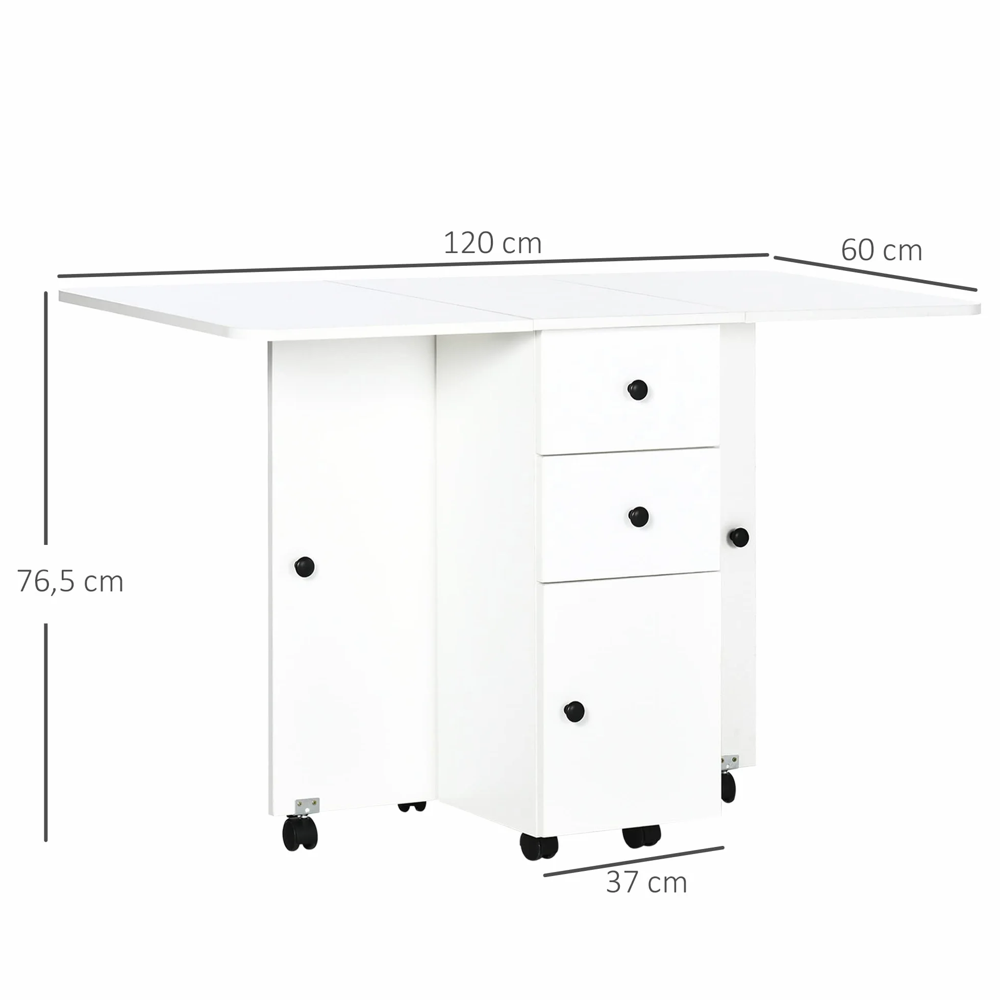 HOMCOM Mesa Plegable de Comedor, Mesa de Cocina Plegable, con Ruedas, Alas Abatibles, 2 Cajones, Estante y Armario, hasta 6 Personas, para Salón, Espacio Pequeño, 120x60x76,5 cm, Blanco