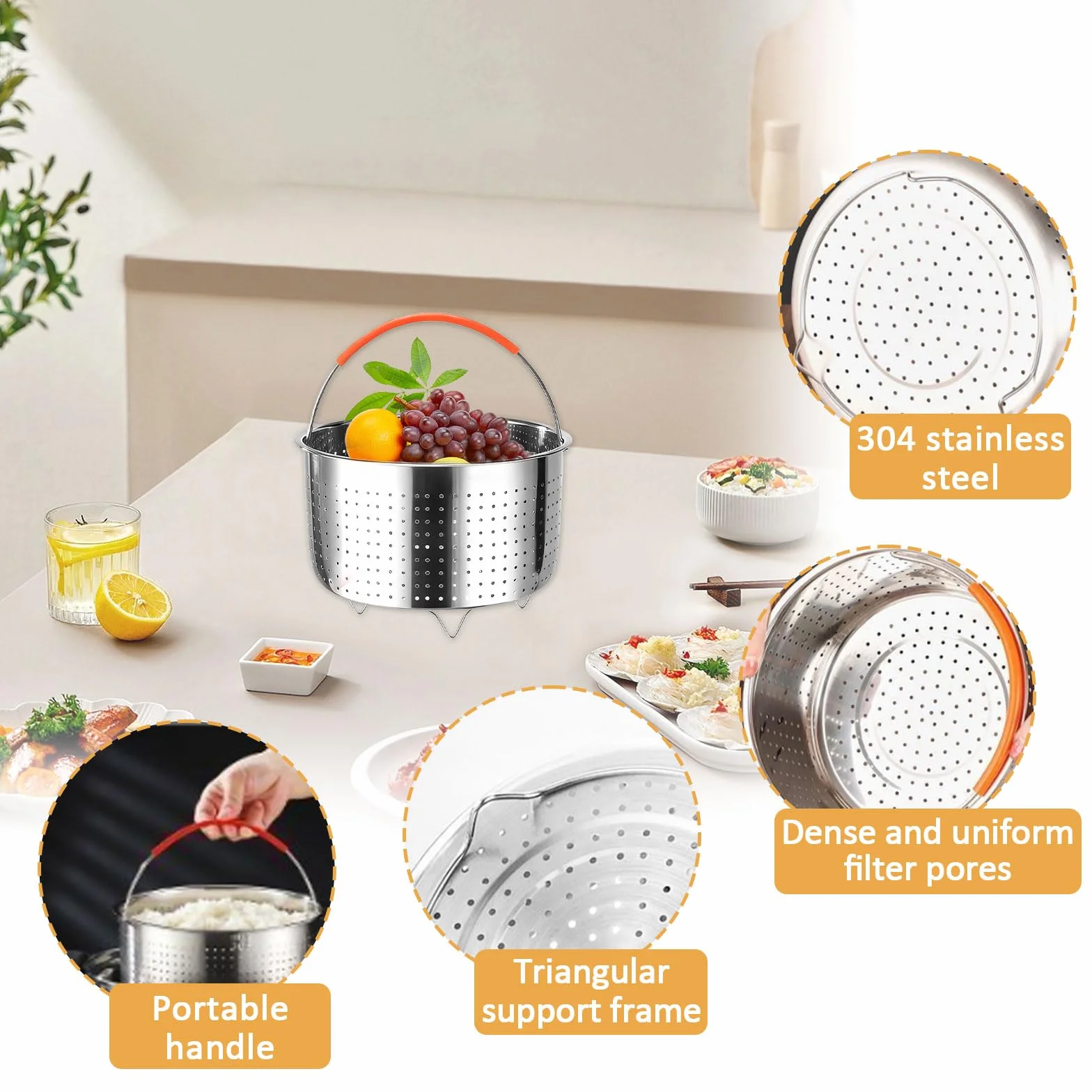 Vaporera Acero Inoxidable 20cm+16cm con Mango de Silicona para Verduras Huevos Pescado