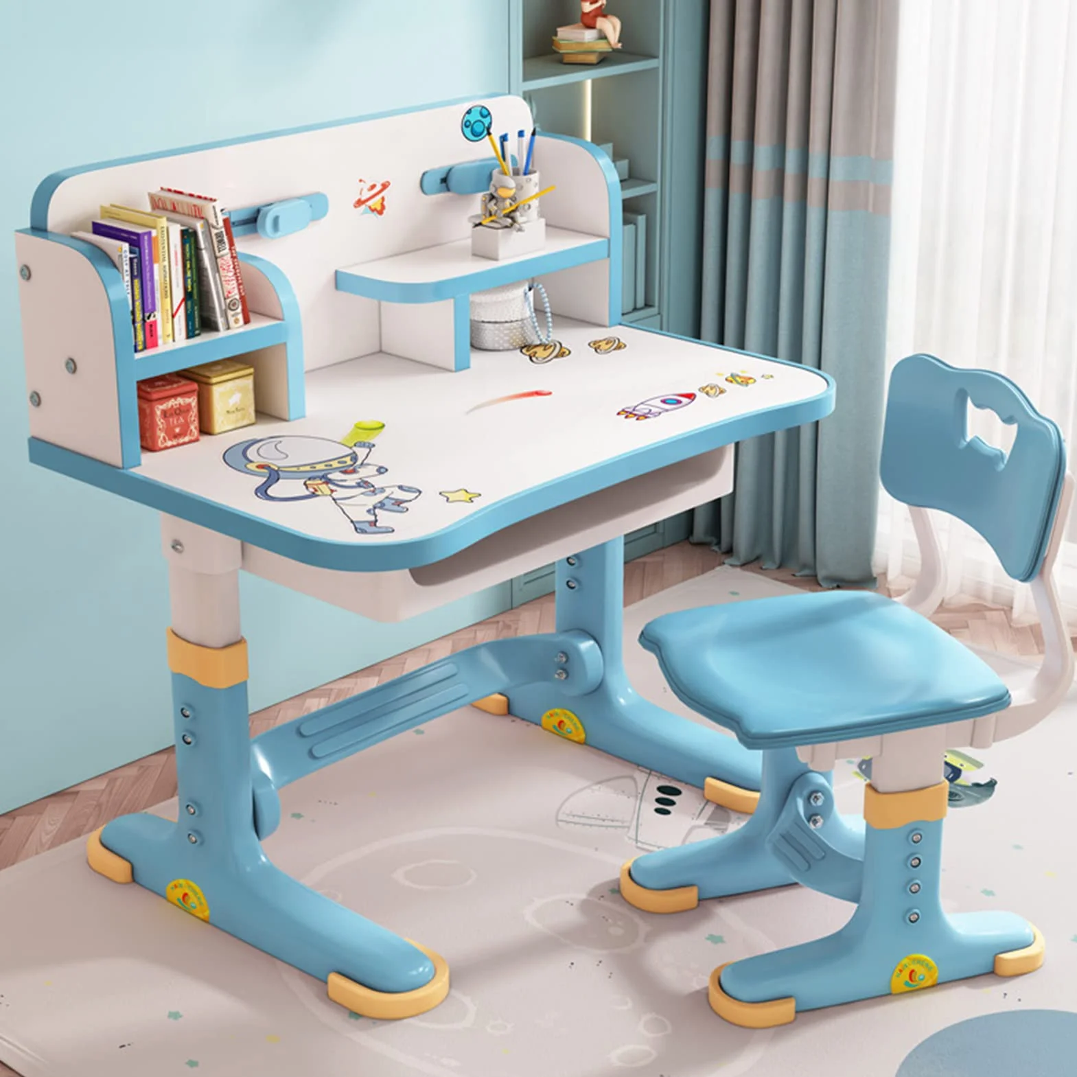 Set de escritorio y silla para niños, escritorio de estudio con altura ajustable, diseño para prevenir la miopía a corta distancia, escritorio para niños con amplio cajón de almacenamiento para niños