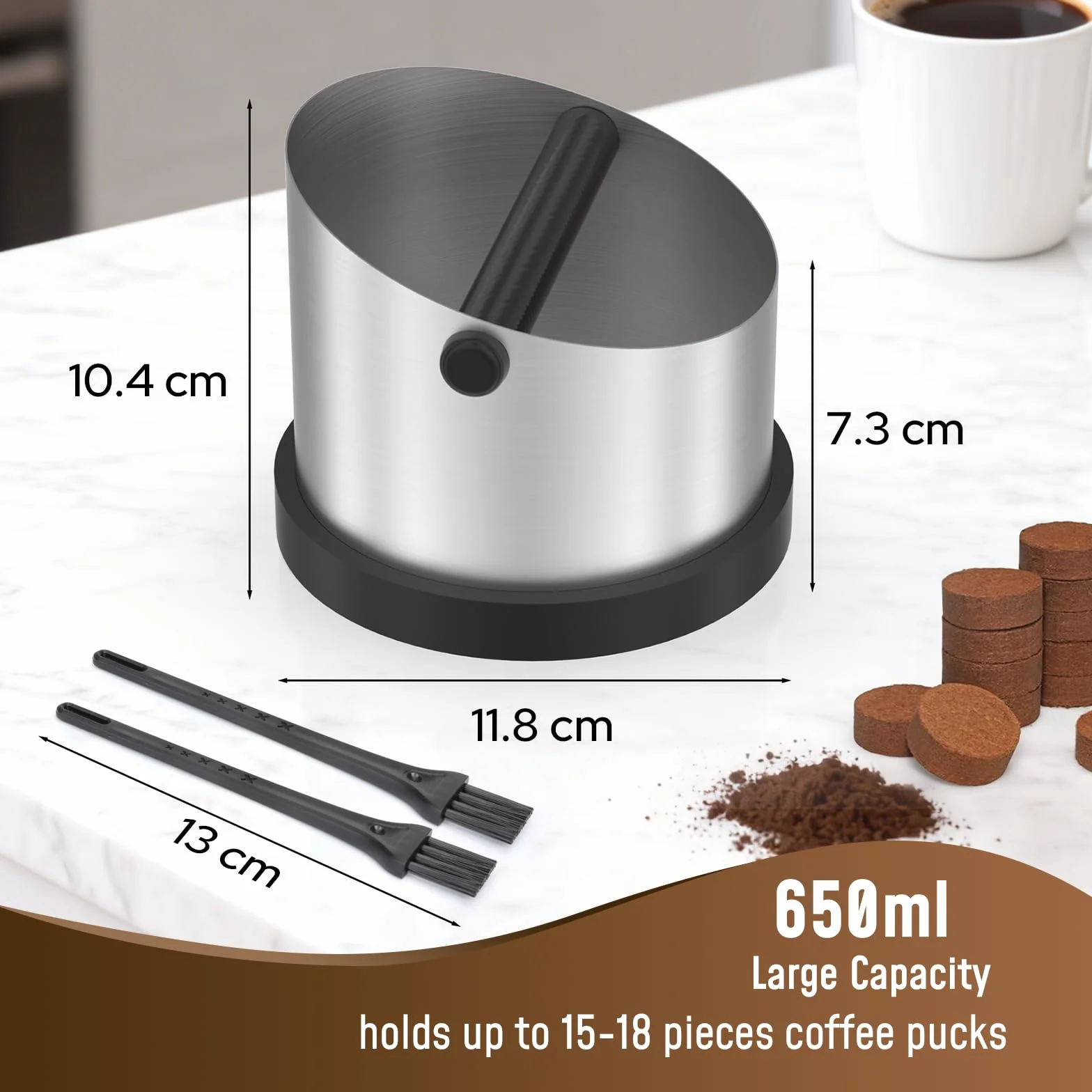 Alyvisun Coffee Knock Box Acero Inoxidable 650ml Cajon Posos Cafe con Barra Extraible Antigolpes