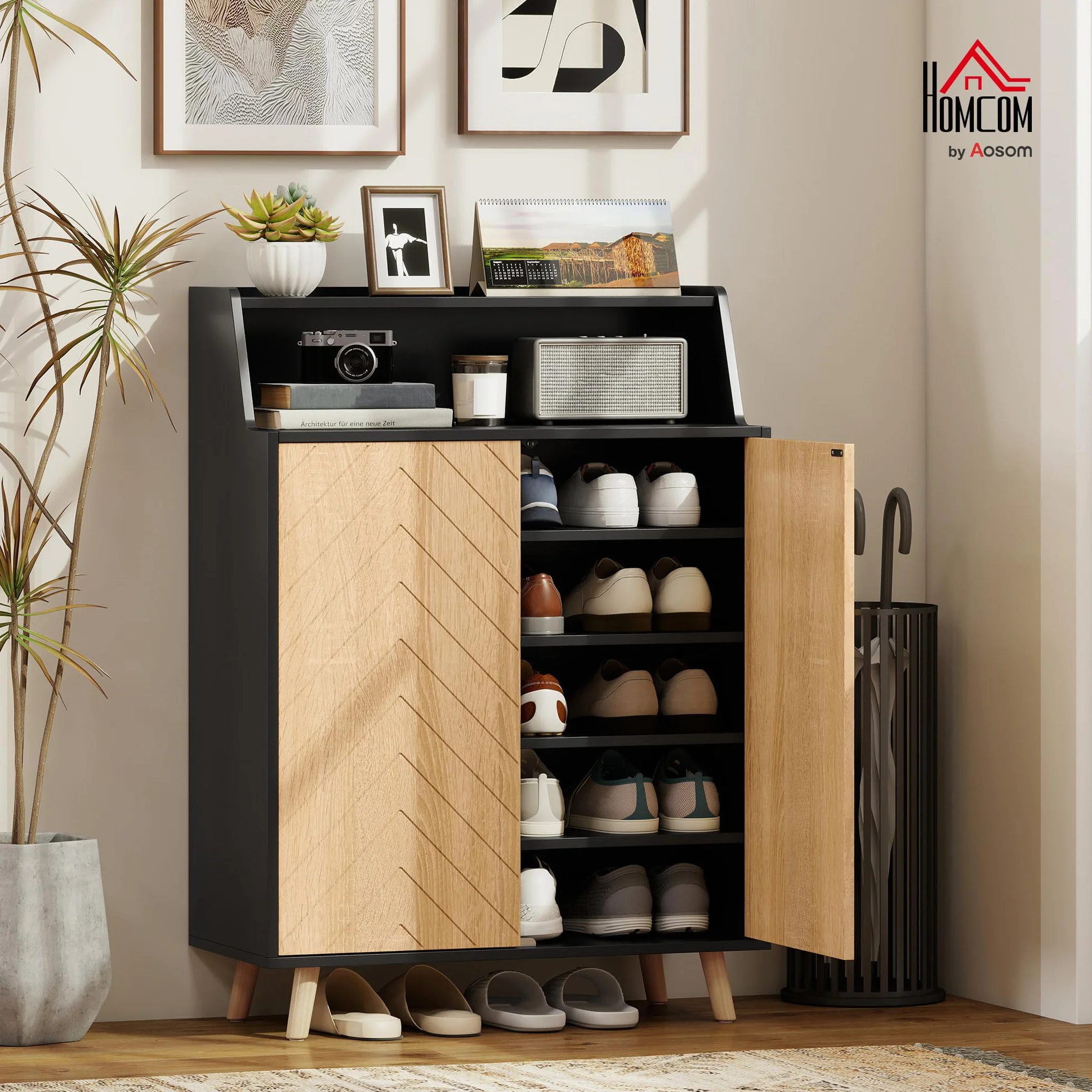 HOMCOM Zapatero de 2 Puertas en Espiga, Zapatero Entrada Recibidor con Estantes Ajustables, Compartimento Abierto y Patas de Madera, para 15 Pares de Zapatos, 75x35x104 cm, Negro y Natural