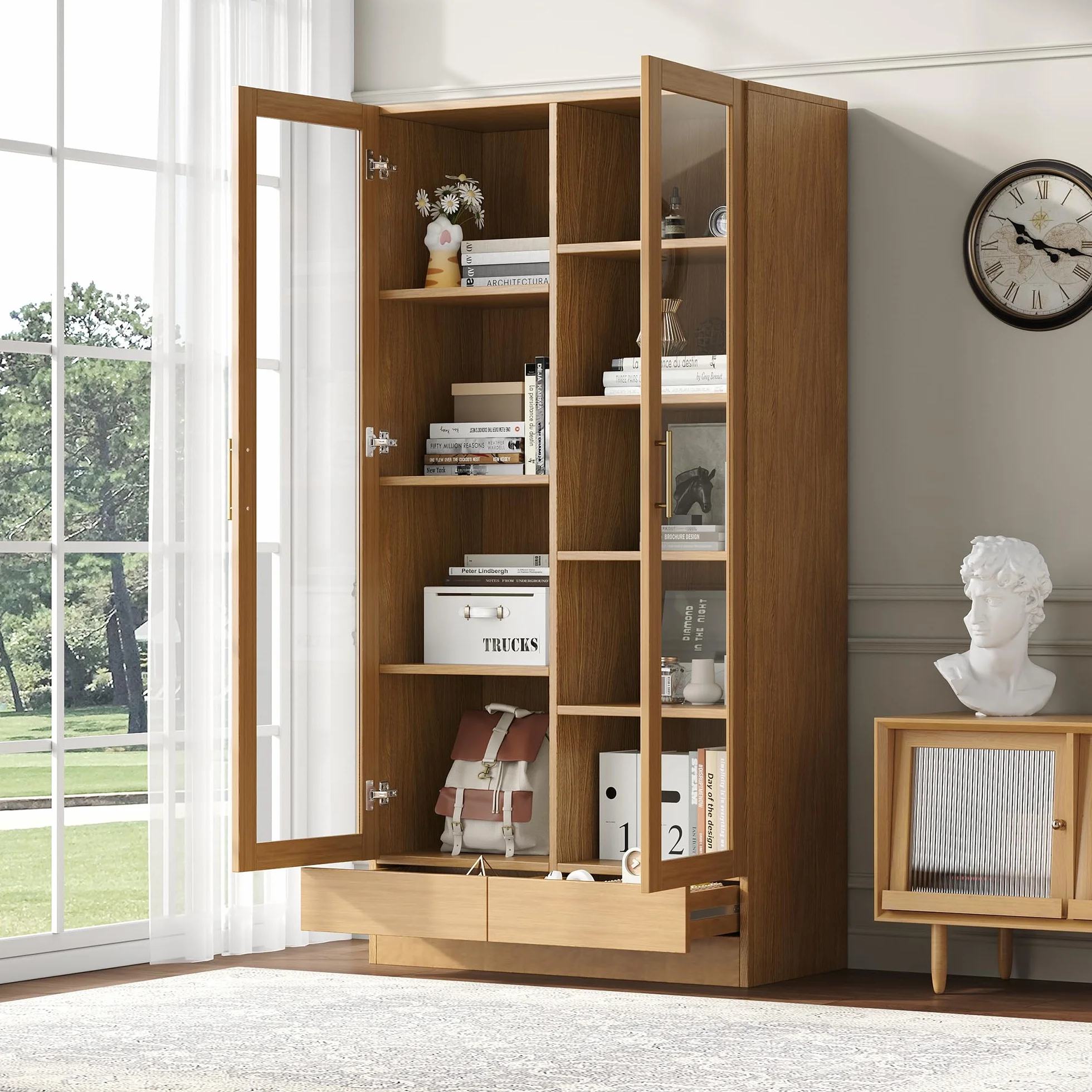 Moimhear Vitrina de cristal, estantería, estantería de almacenamiento, estantes escalonados, estantes no ajustables, cajones push to abiertos sin asas (80 x 40 x 160 cm, color madera)