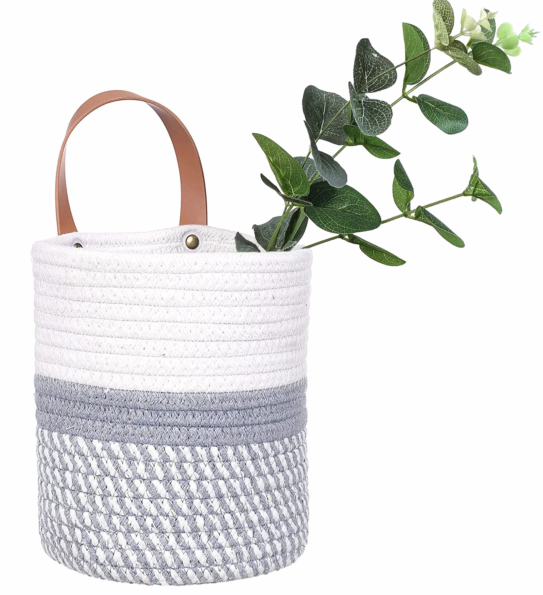Cestas de almacenamiento para colgar en la pared – Pequeños cubos de almacenamiento de cuerda de algodón tejida – Cesta organizadora para plantas, toallas, juguetes – 16 x 17,78 cm (blanco y gris)
