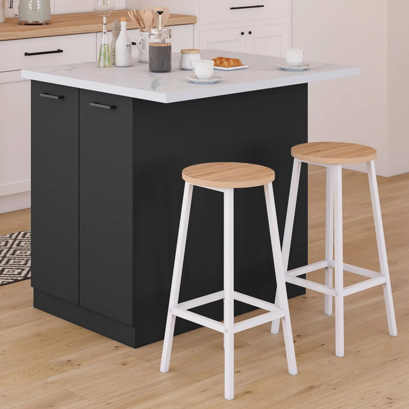 IDMarket - Ilot central IVO 120 cm madera negra con encimera efecto mármol ALASKA