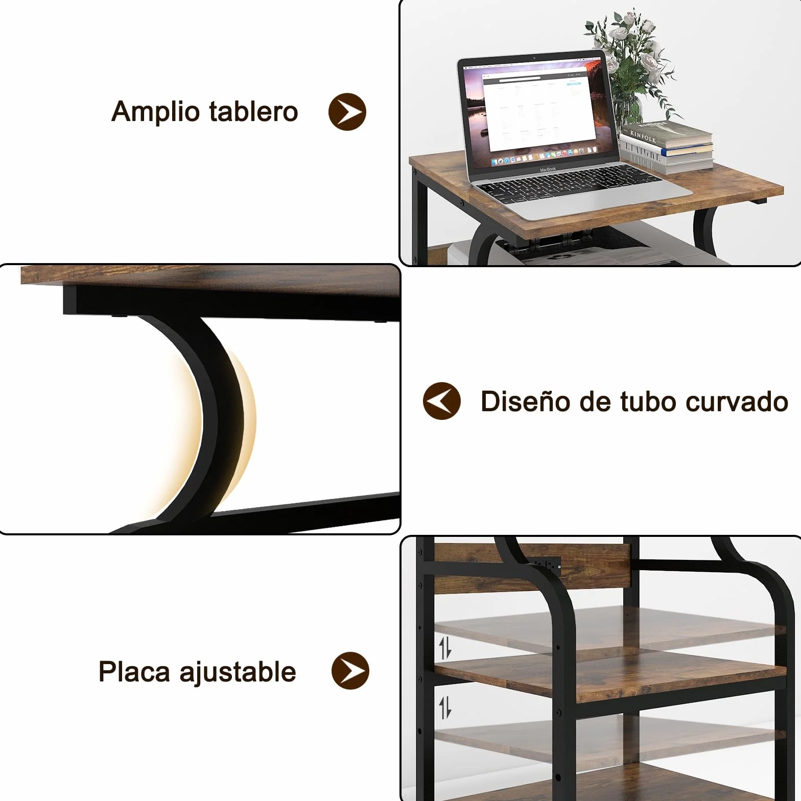 PUNCIA Mesa para Impresora Ajustable en Altura 60x50cm 3 Niveles con Ruedas Madera y Metal Carrito Almacenaje Oficina Escuela Estudio