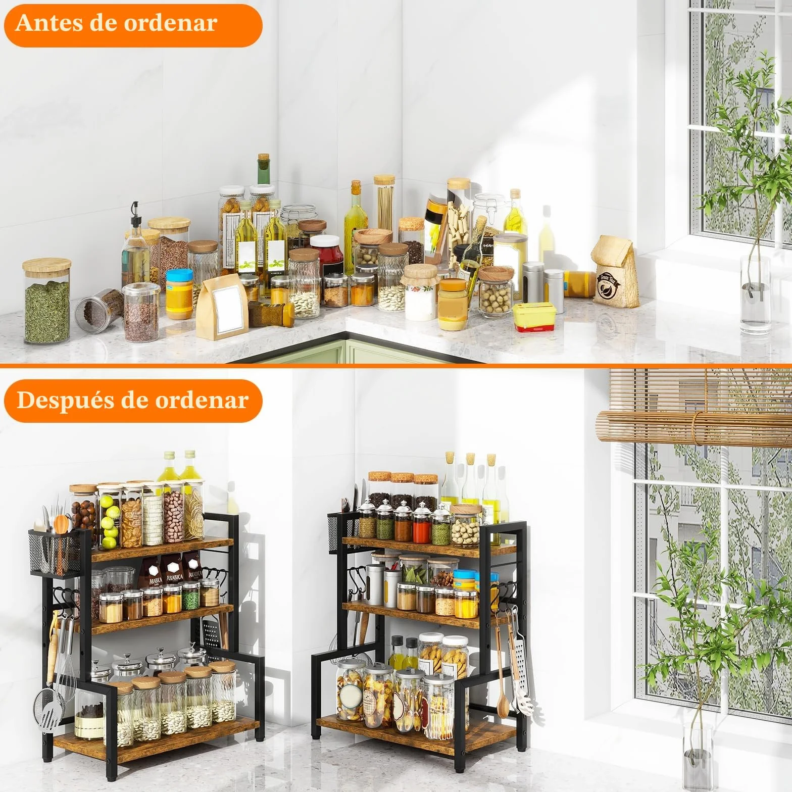 YMYNY Estante para Especias con Cesta Metálica, Estante de Encimera para Armario, Organizador con 6 Ganchos, Soportes para Botes de Especias, Para Cocina, Baño, 43 x 24 x 53CM Marrón Rústico HSR006H