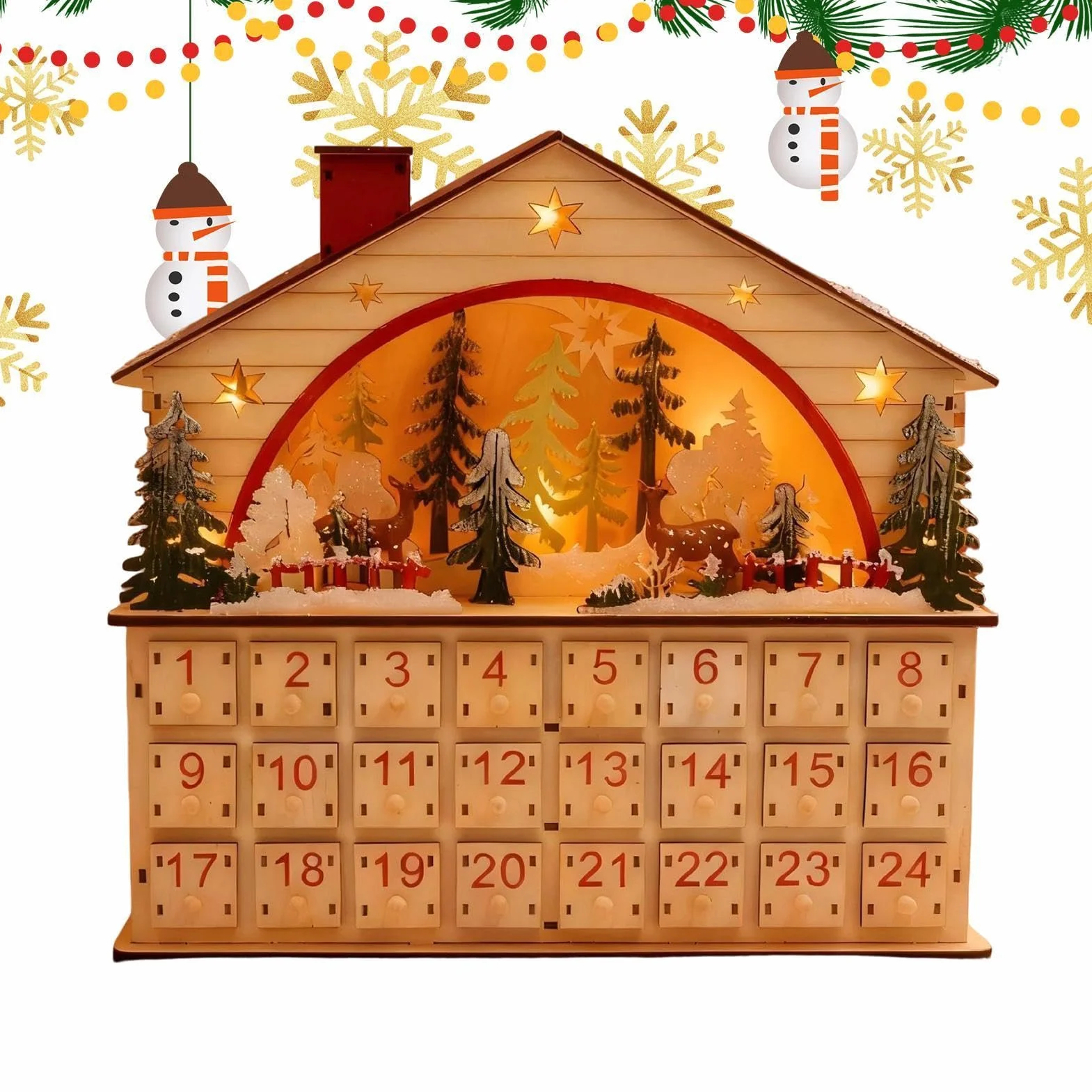 Cuenta Atrás Navidad Armario de Mesa con Forma de Casa de Madera para 24 | Calendario De Cuenta Atrás Navideño Con Cajones Para Hogar Salón Escritorio Estantería Apartamento Y Celebraciones