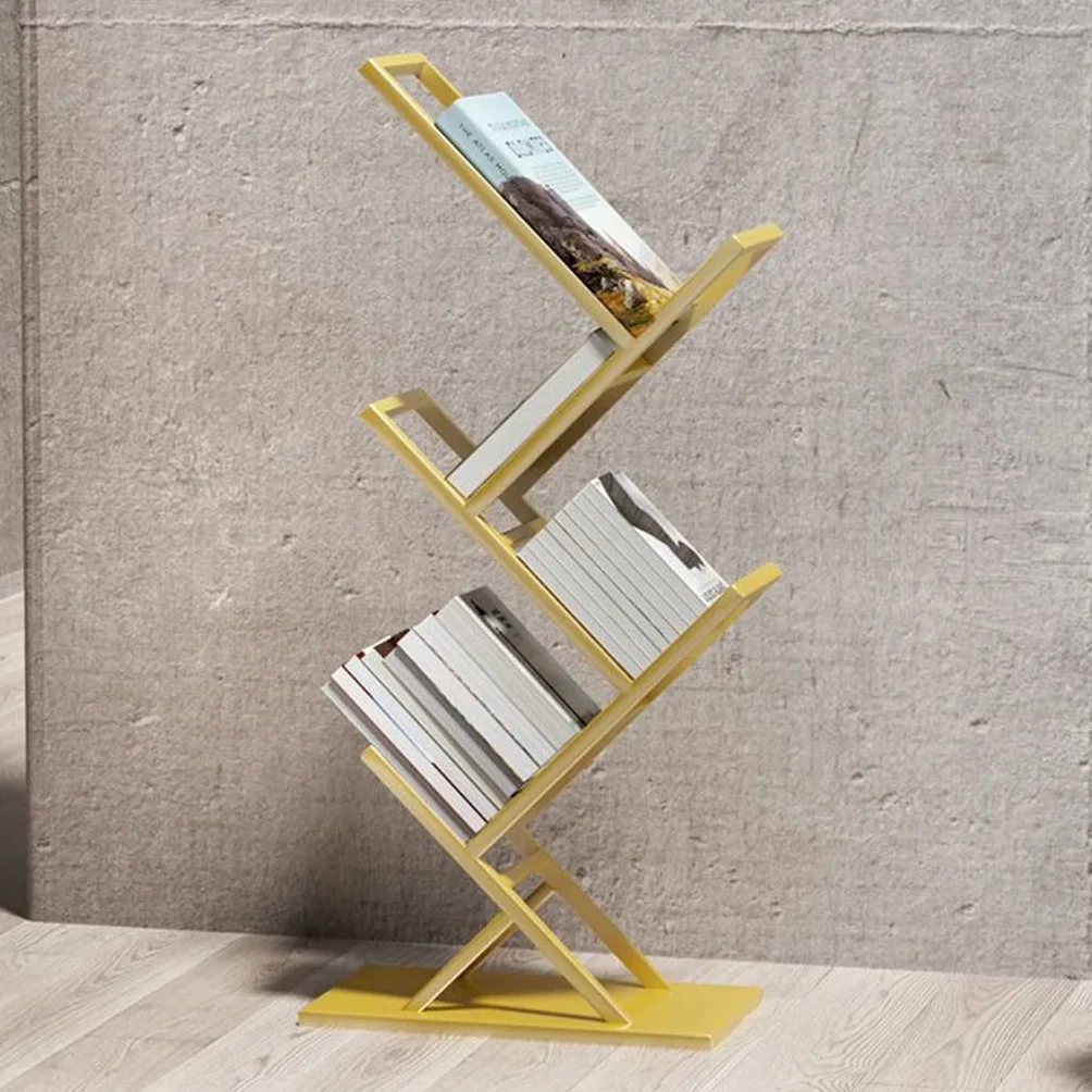 Librería de pie para árbol, estantería de Metal, estantería Abierta con estantes de Almacenamiento, gabinete de Esquina para Sala de Estar, Estudio y Oficina (Dorado)