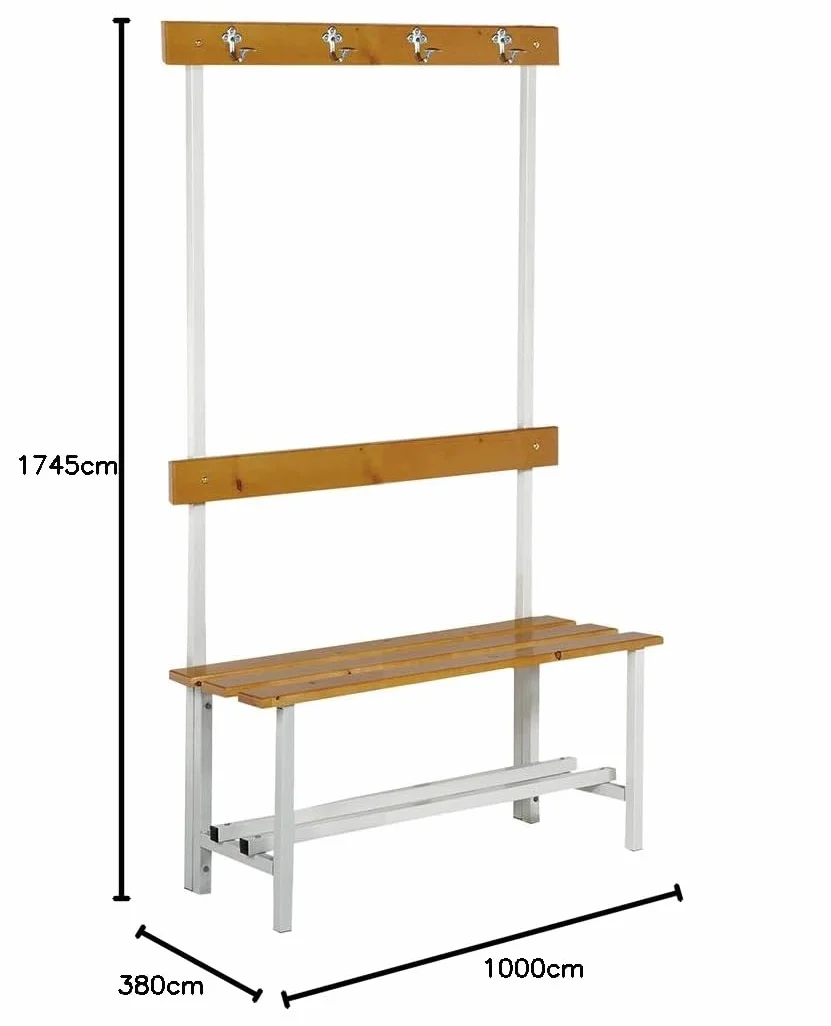 Banco de Vestuario Alto. Estructura Metálica y Asiento, Respaldo y Colgador en Madera Pino Barnizada. Med. 1745x1000x380 mm. Desmontado