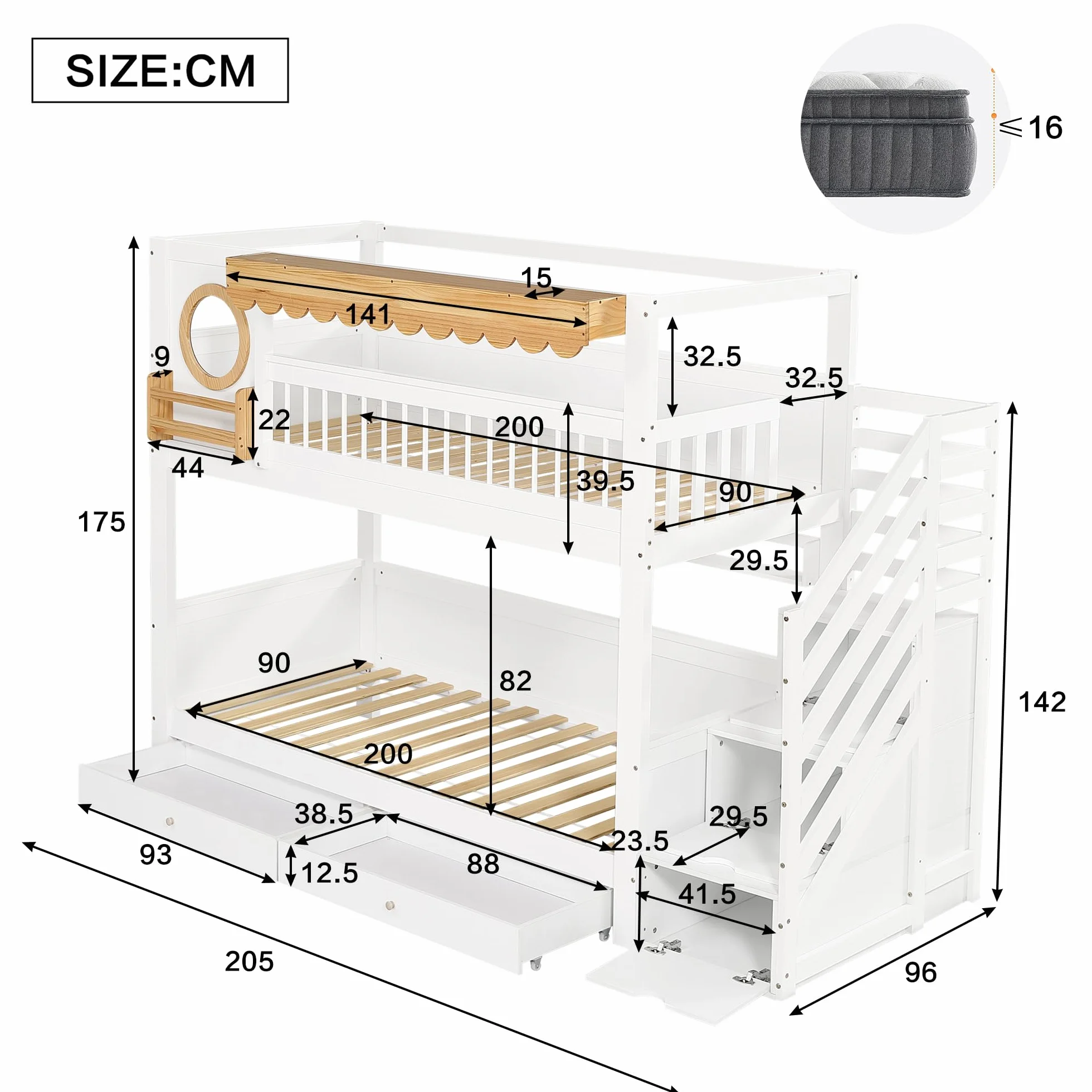Dolamaní Cama infantil litera, 90 x 200 cm, litera para 2 niños y 2 cajones con ruedas, cama de casa con espacio de almacenamiento, escalera de madera de pino MDF, cama para niñas (sin colchón