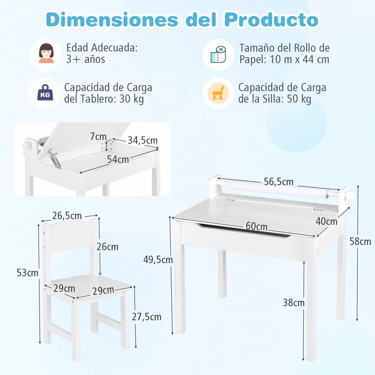 COSTWAY Juego de Mesa y Silla Infantil de Madera, Mesa de Actividades con Soporte para Rollo de Papel, Escritorio para Dibujar y Estudiar (Blanco)