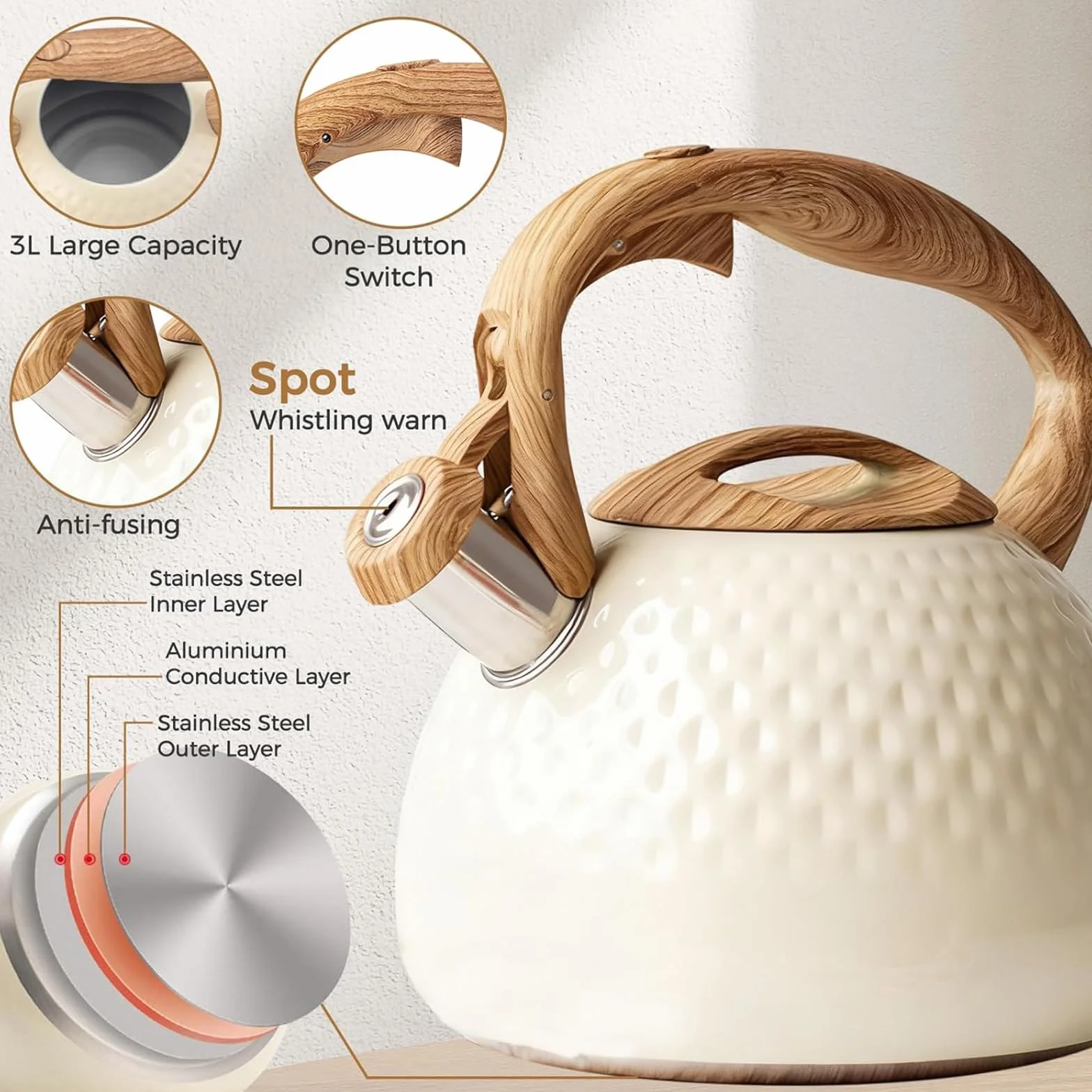 Tetera de acero inoxidable de 3 litros con silbato fuerte con asa