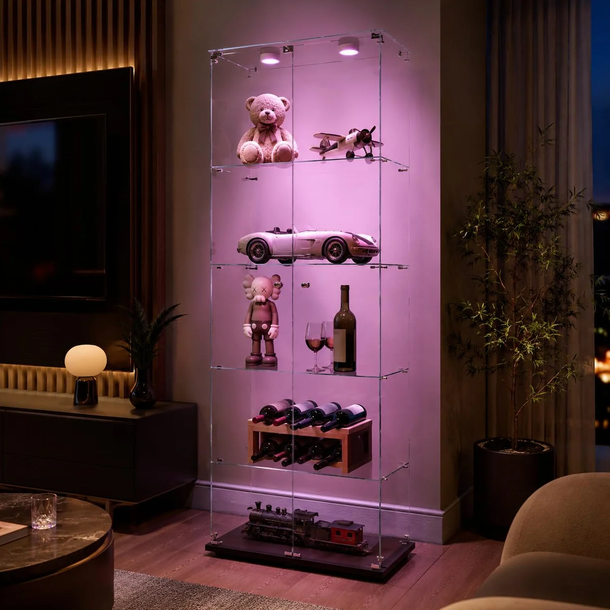 Armario De Exhibición De Vidrio Con 5 Estantes Y 2 Puertas, Vitrina De Pie Con Luces LED, Adecuado Para Sala De Estar, Dormitorio Y Oficinas