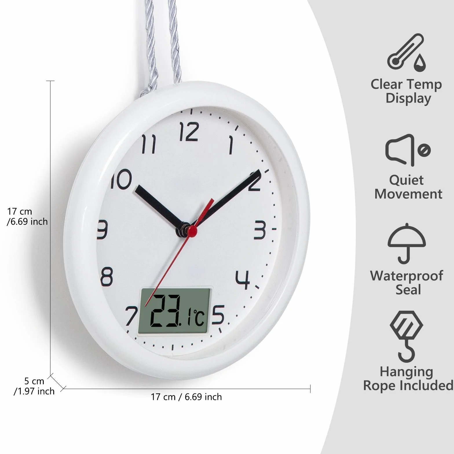 VIVILINEN Reloj de baño con indicador de temperatura 17 cm silencioso resistente a la humedad