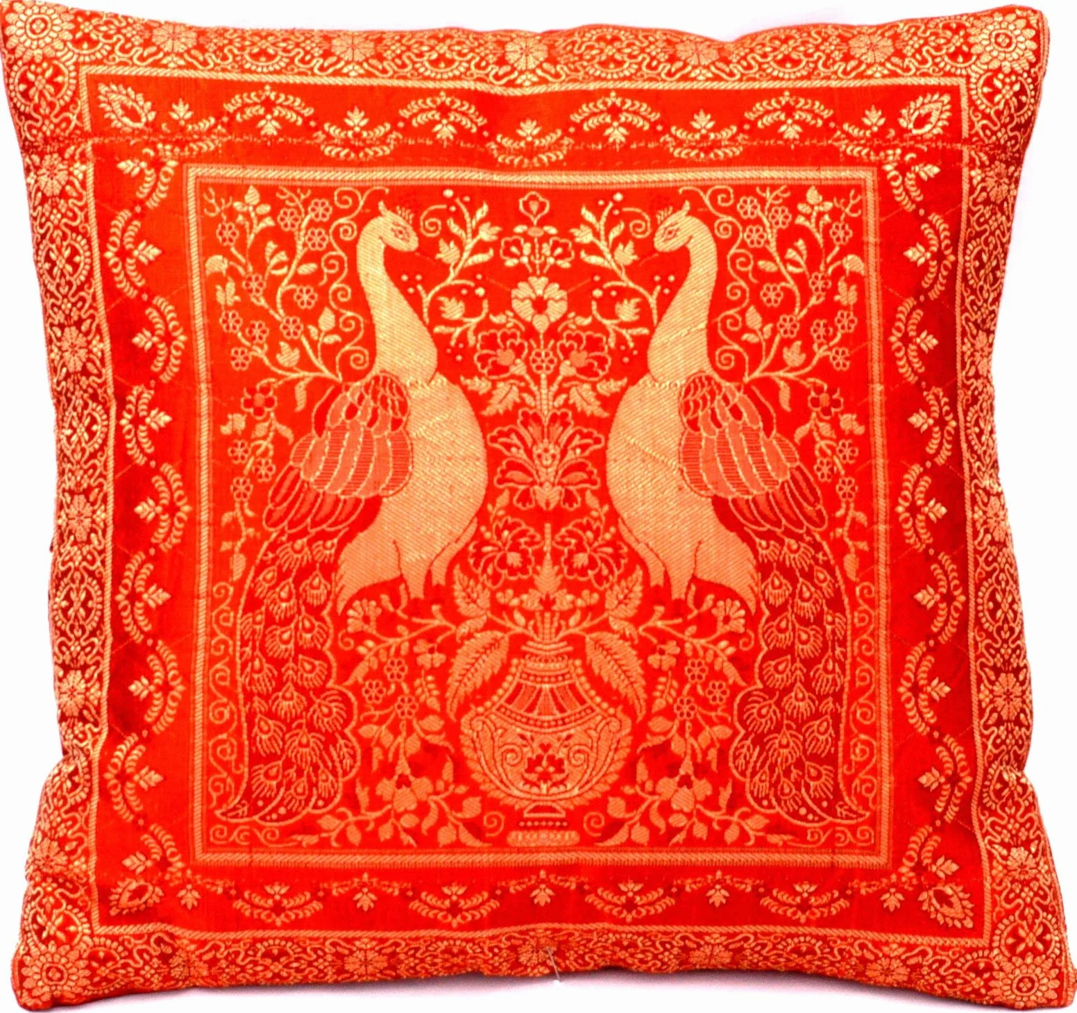 Funda de cojín de seda india banarasi 40 cm x 40 cm, diseños extravagantes para decoración de salón y dormitorio - Diseño de pavo real 40 x 40 cm | 16 x 16 pulgadas naranja 5