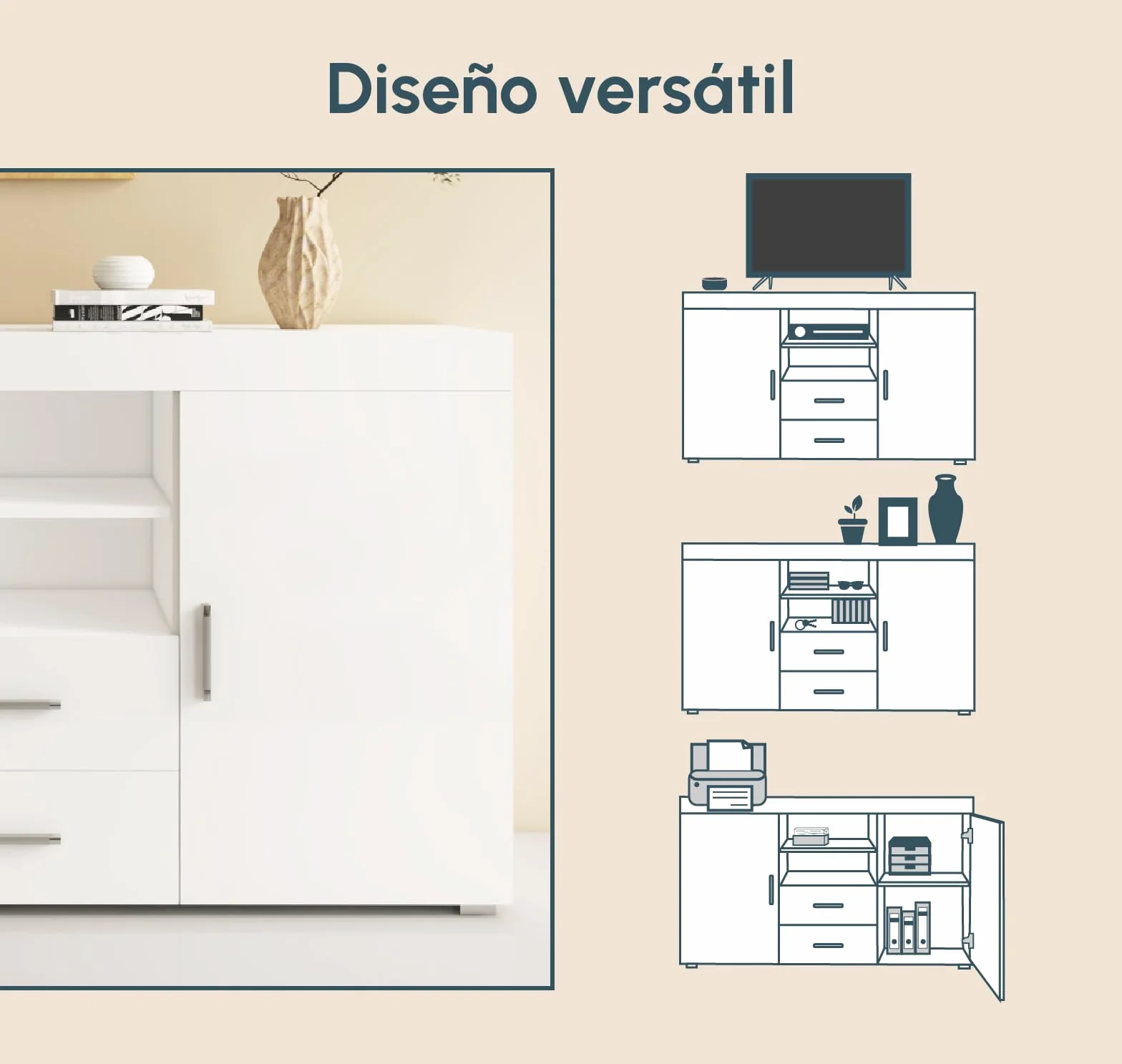 MB Muebles Bonitos Aparador Roque Mueble Auxiliar Moderno 140x82x40 cm Melamina Brillo Blanco