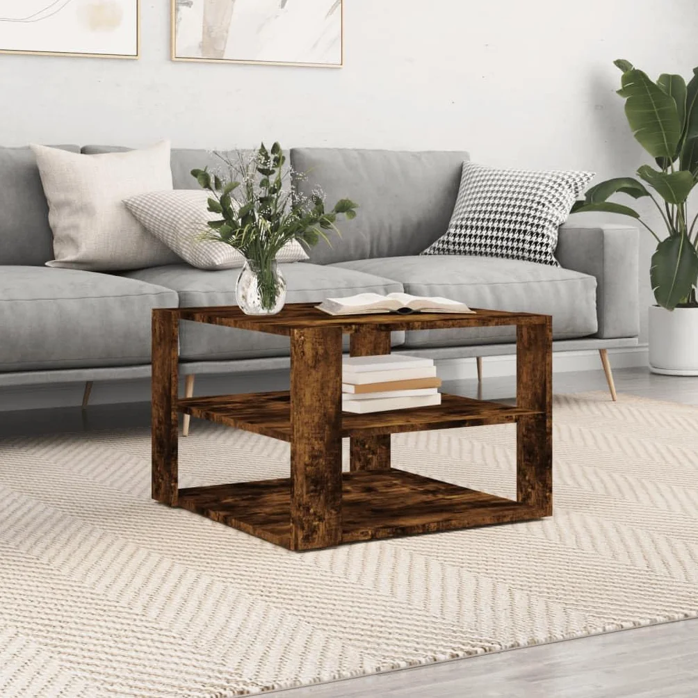 Mesa de centro de roble ahumado, 59,5 x 59,5 x 40 cm, material de madera, estante de 3 niveles, mesa de salón para bebidas, aperitivos, artículos decorativos, resistente a la humedad