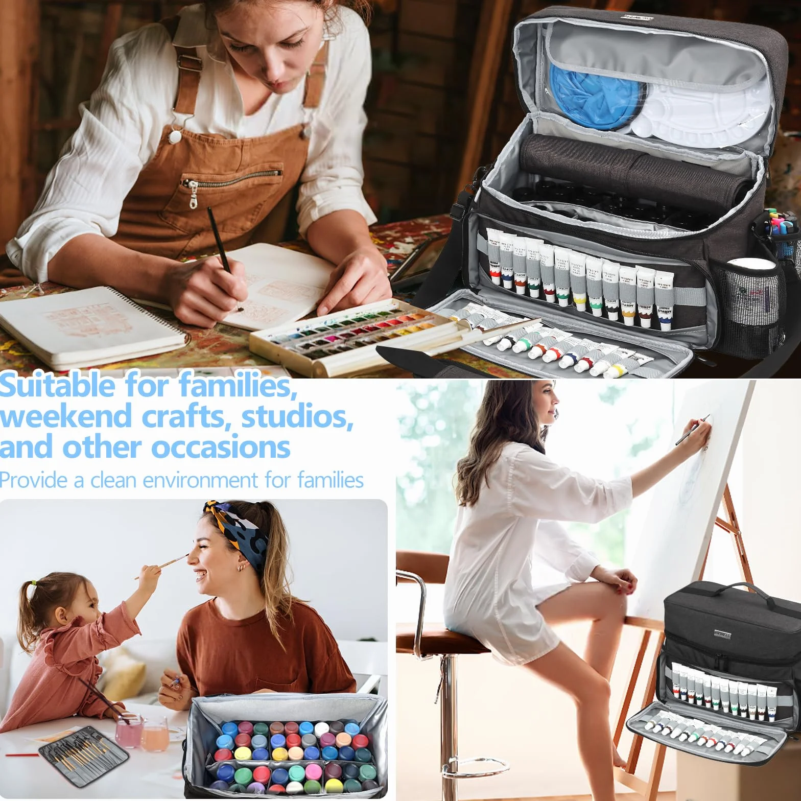 Bolsa organizadora de pintura acrílica y pinceles, funda de transporte compatible con Apple Barrel, Shuttle Art, suministros de arte Caliart, incluye soporte desmontable para pinceles de pintura, para