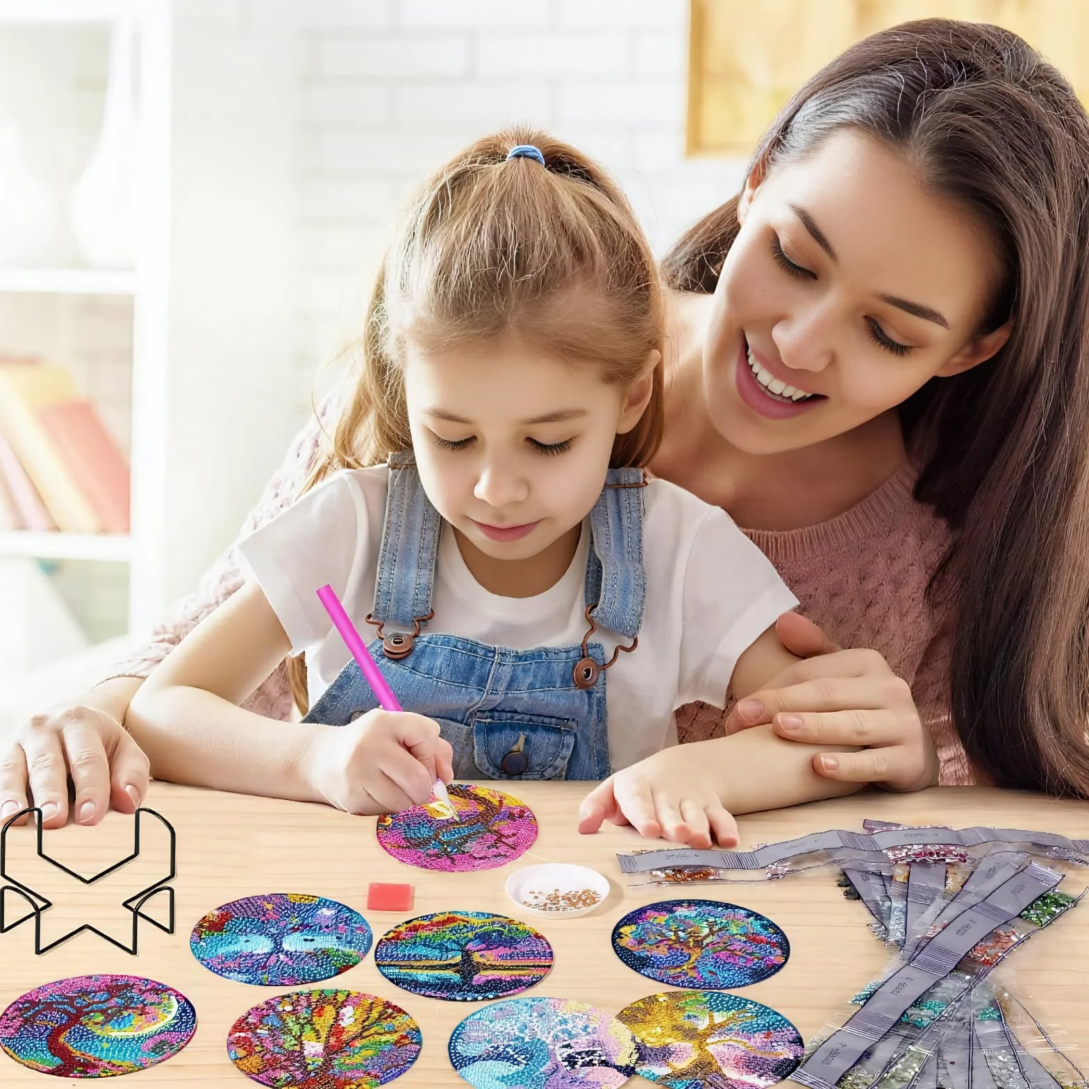 Posavasos Pintura Diamante con Soporte, DIY Mandala Flor de la Vida Diamond Painting