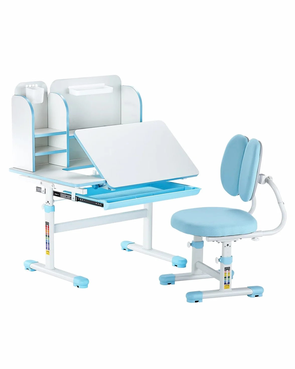 VEVOR Juego de Mesa y Silla de Estudio para Niños Capacidad de Carga de 100 kg, Ajuste de Altura del Escritorio de 54-73 cm, Mesa Inclinable 0-40° con estantería para Dormitorio, Estudio, Azul