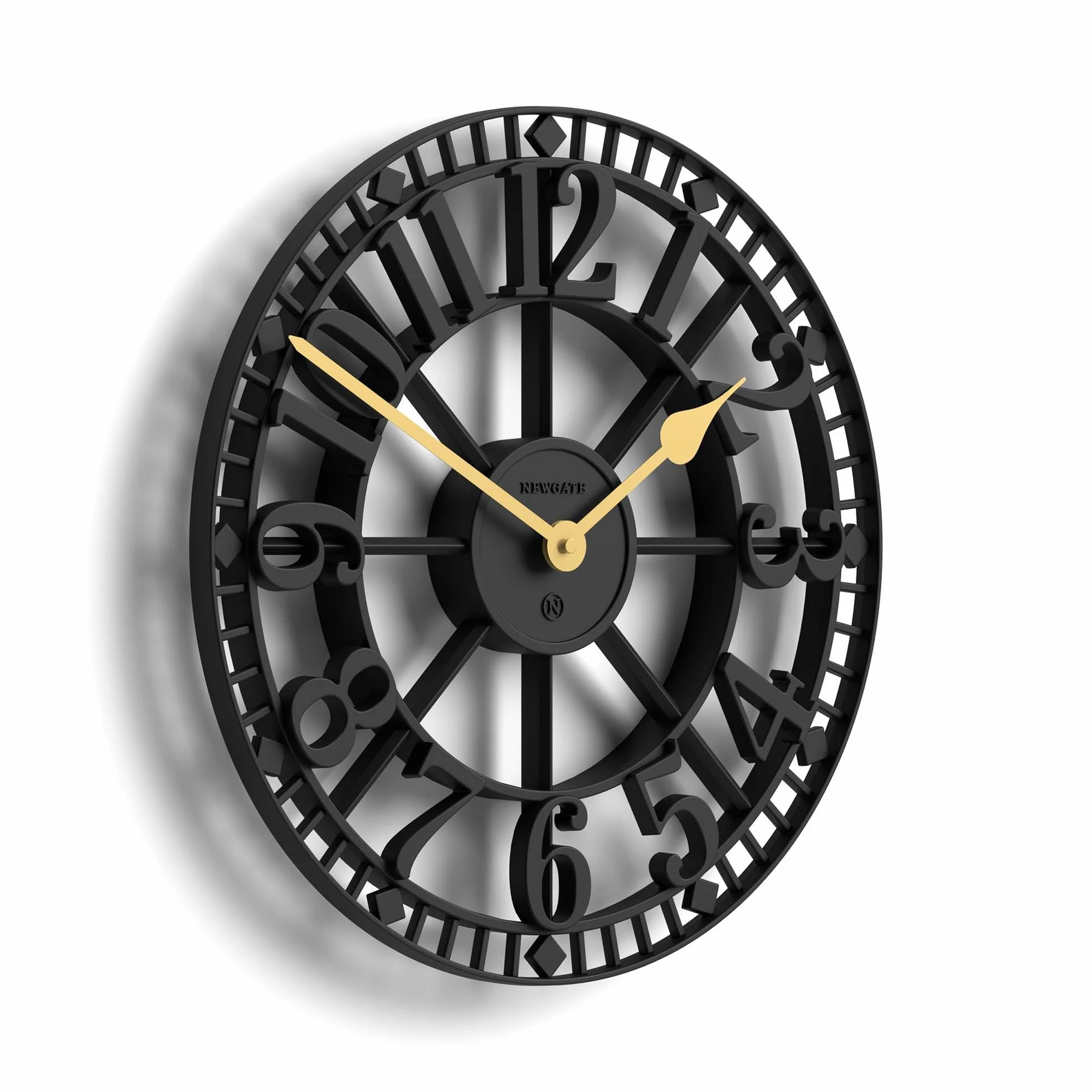 NEWGATE® Warehouse Reloj de Pared | Reloj Esqueleto | 40cm | Negro con Manos de latón | Estilo Vintage contemporáneo para Cocina, salón u Oficina