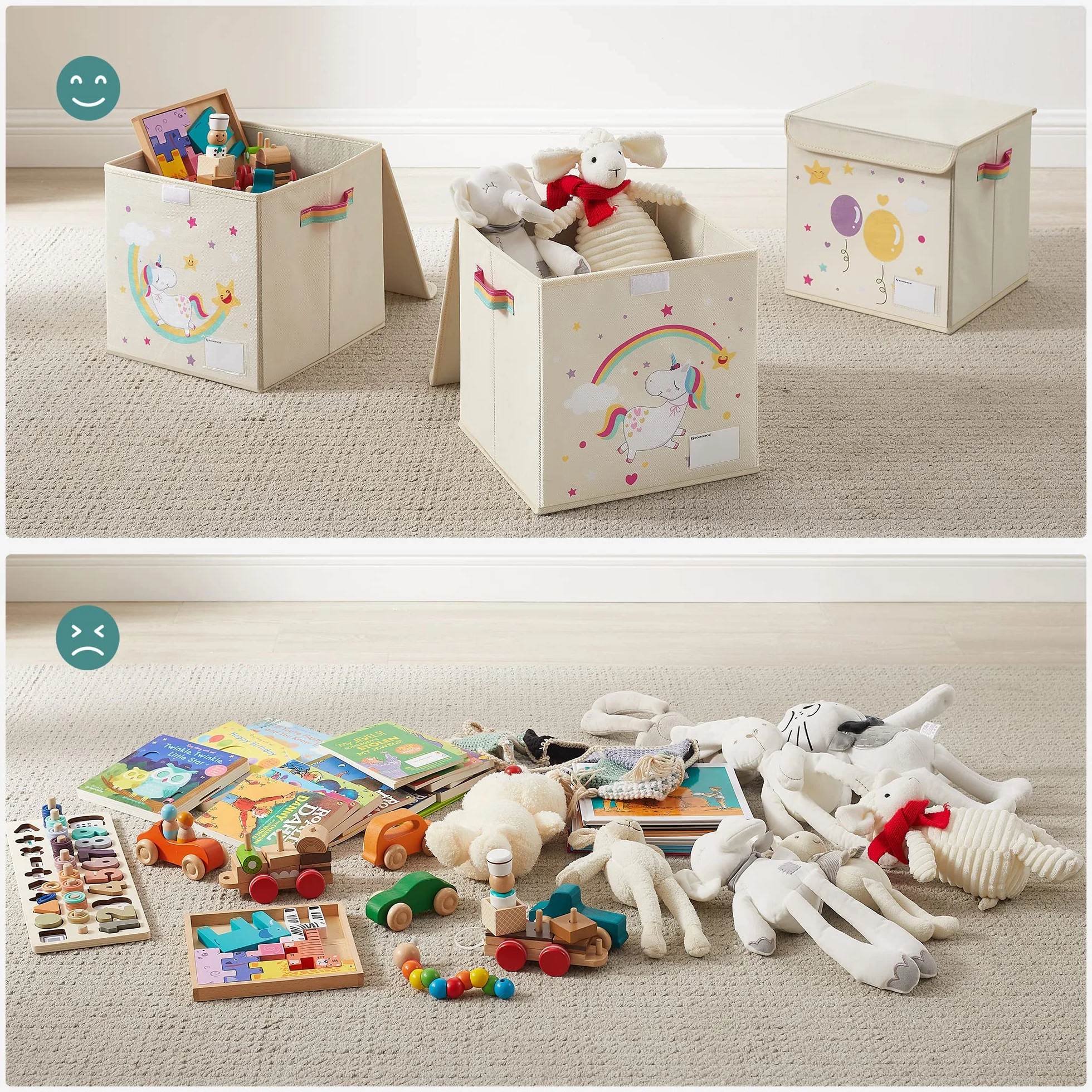 SONGMICS Juego de 3 Cajas de Almacenamiento con Tapa, Cubos Plegables 30x30x30 cm, Organizador de Juguetes, Beige