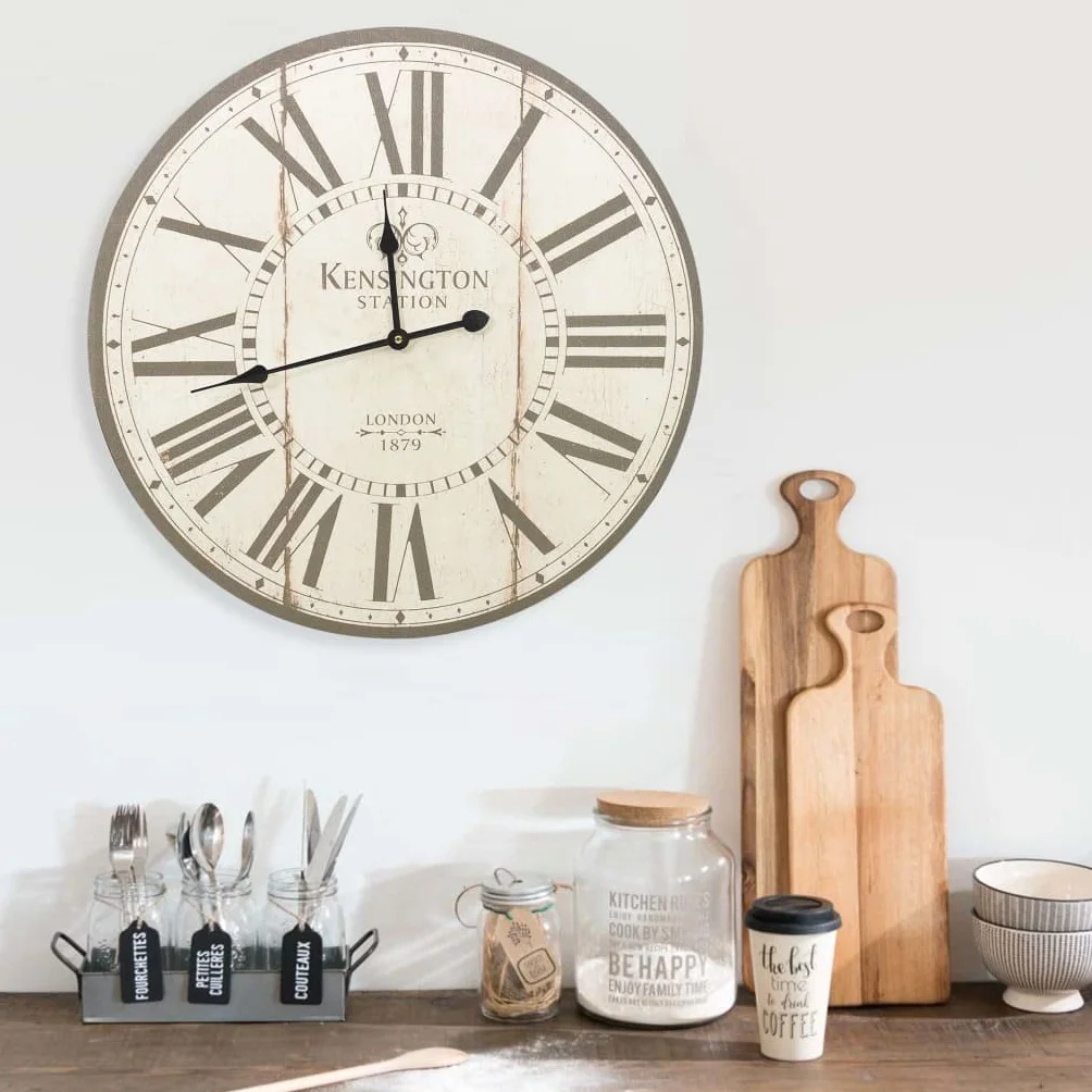 Reloj de pared vintage de Londres de 60 cm de diámetro con marco de madera de densidad media, esfera analógica, funciona con pilas, movimiento de cuarzo silencioso, diseño retro para salón