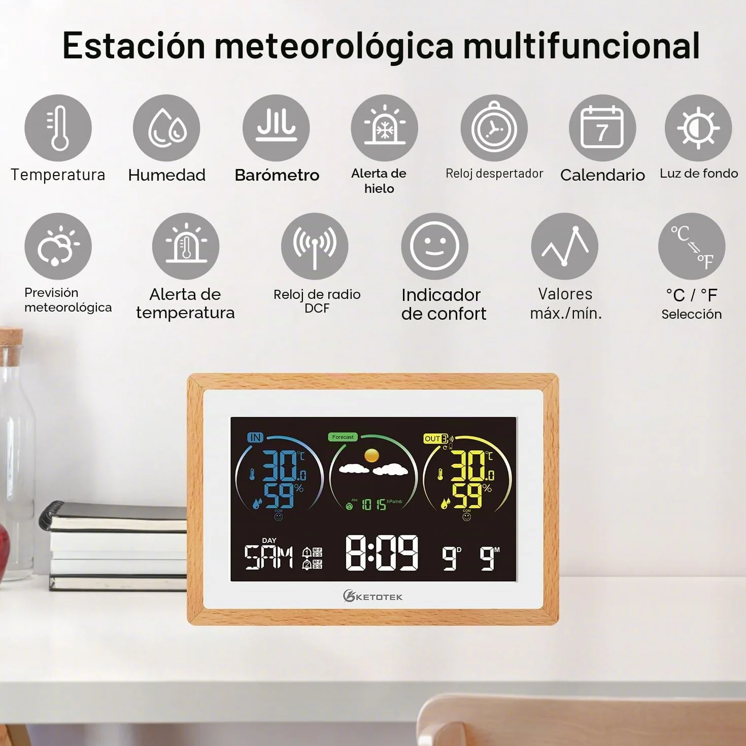 KETOTEK Estacion Meteorologica Interior Exterior, Higrómetro Termometro Barómetro Digital Casa, Estación Inalámbrica con Sensor Exterior, Retroiluminación Ajustable, Previsión Meteorológica, Alarma