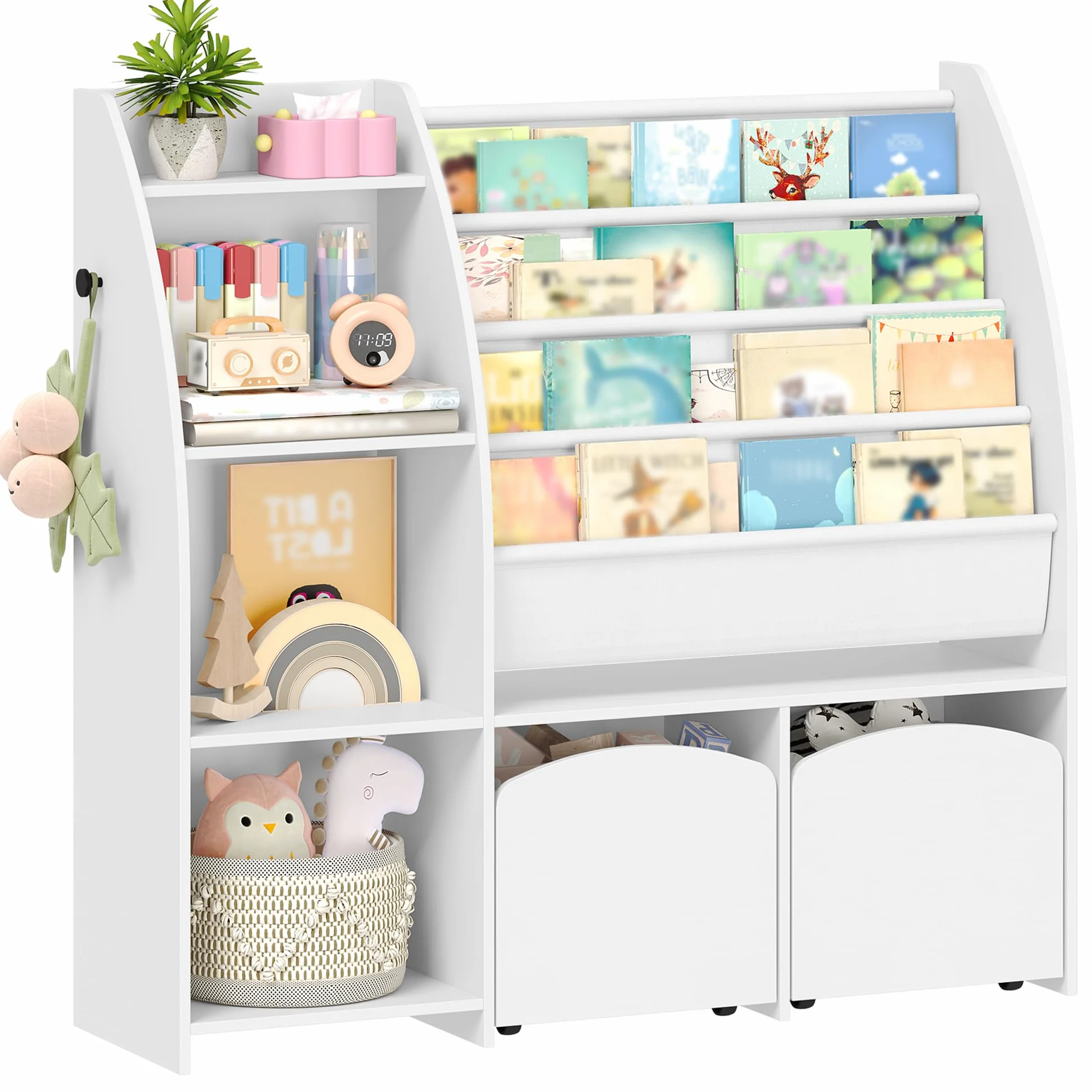 Hzuaneri 105cm estanteria Infantil con Revistero, 2 Columnas y 4 Baldas, Organizador de Juguetes, Almacenamiento con Caja, 30 x 105 x 100 cm, Blanco KB12003W