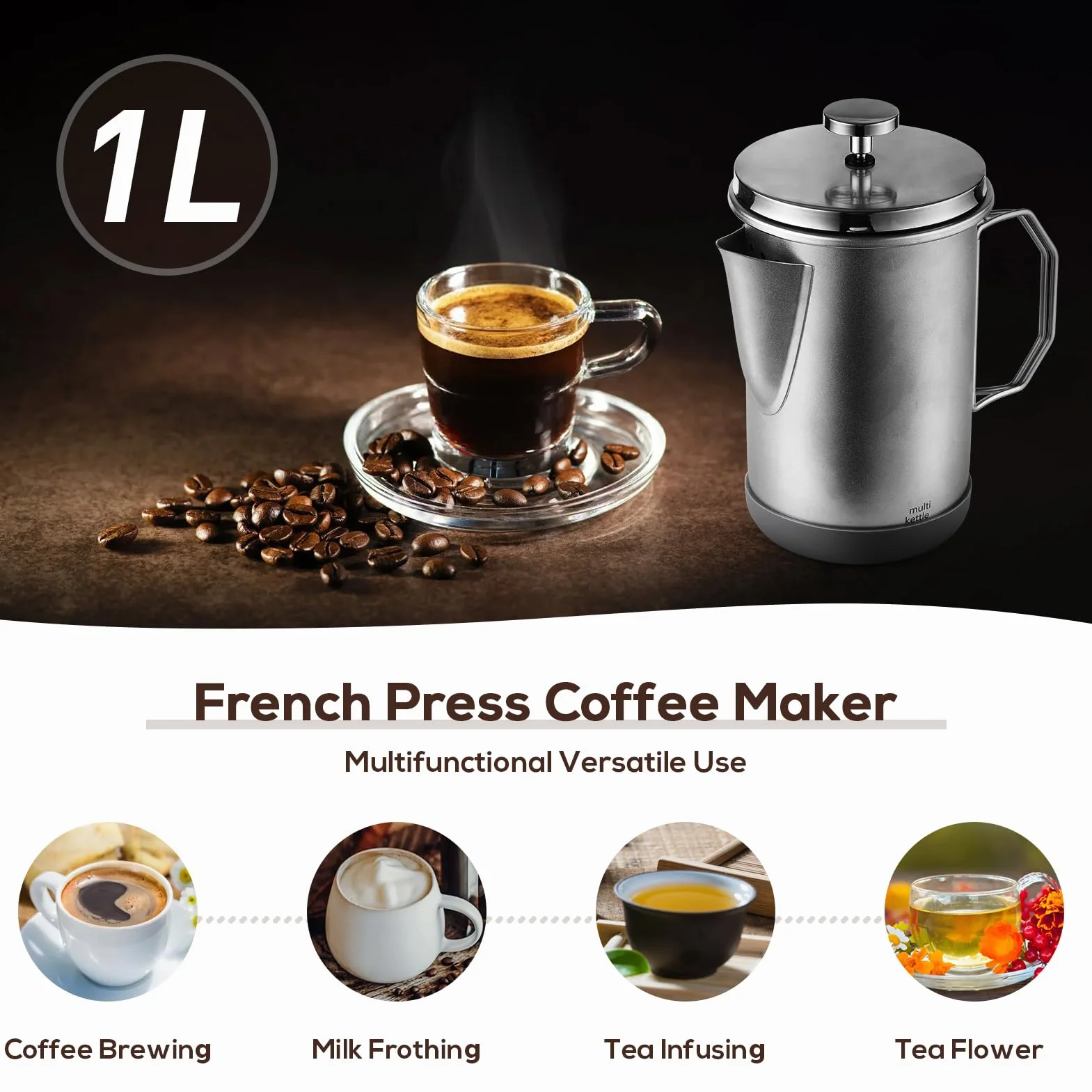 Cafetera de prensa francesa de 1 litro, prensa francesa con mango plegable, acero inoxidable, cafetera de prensa francesa