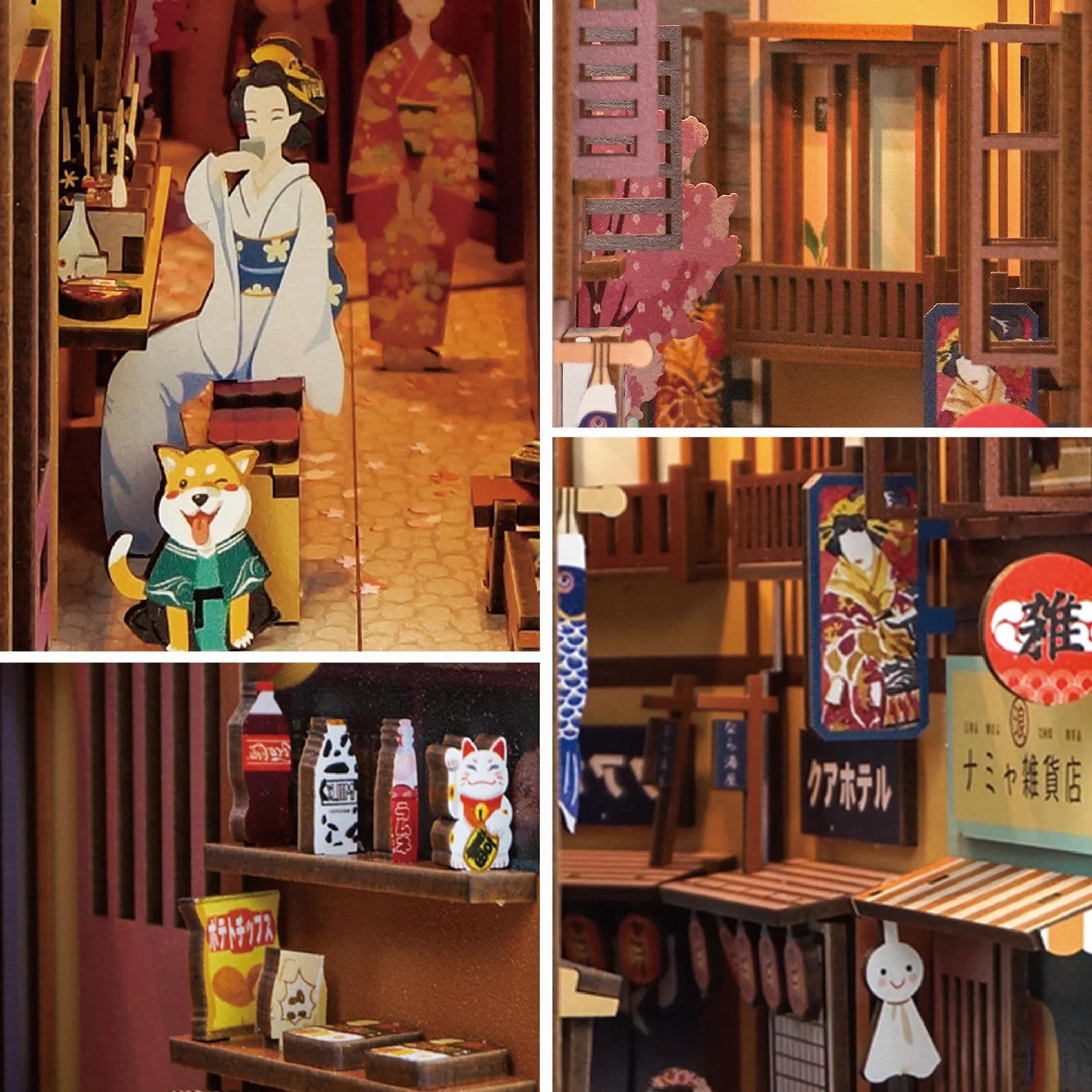 Tonecheer Book Nook Japón Kit Puzzle 3D de Madera para Adultos, DIY Nookbook Bookend con Luces LED, Decoración Hogar de Estantería, Regalo para Mujeres y Hombres (La Tienda de Comestibles Japonesa)