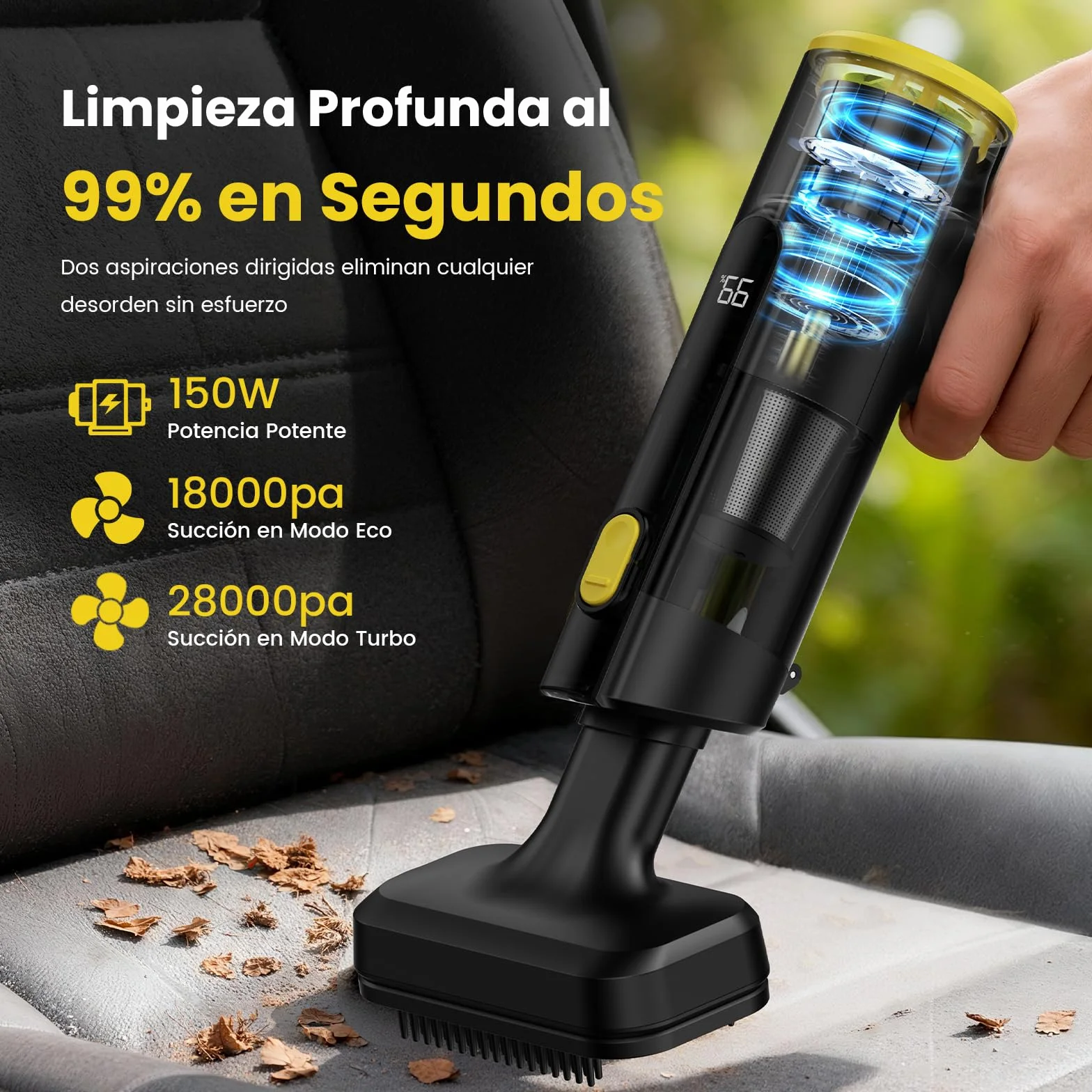 Aspiradora de Mano sin Cable 28000Pa,Mini Aspiradora Portátil para Coche,hasta 60 Min,3 en 1 Aspirar/Soplar/Inflar,Pantalla LED y Luz Verde,Motor Brushless,Hogar,Oficina y Pelo de Mascotas
