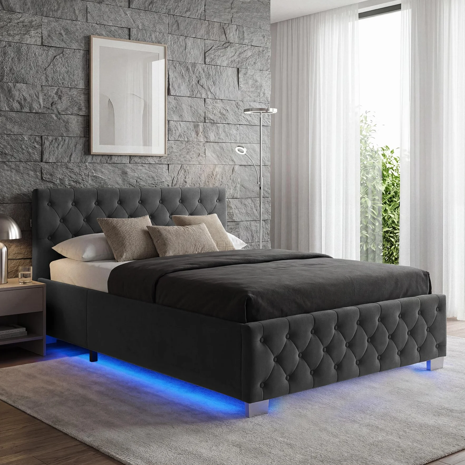 tectake® Cama Tapizada de Terciopelo con Leds, Canape Somier Abatible, Acero Estable, Cama Alta con 300 kg de Capacidad, Mando, Acolchado Chesterfield, Iluminación LED - 217 x 187,5 cm Negro