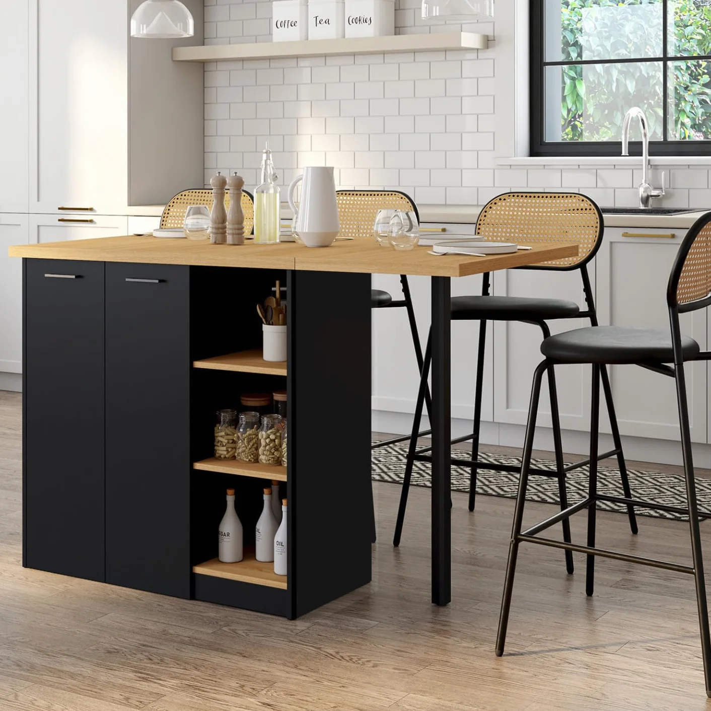 IDMarket – Ilot Central Cesar 140 cm madera negra con encimera de haya