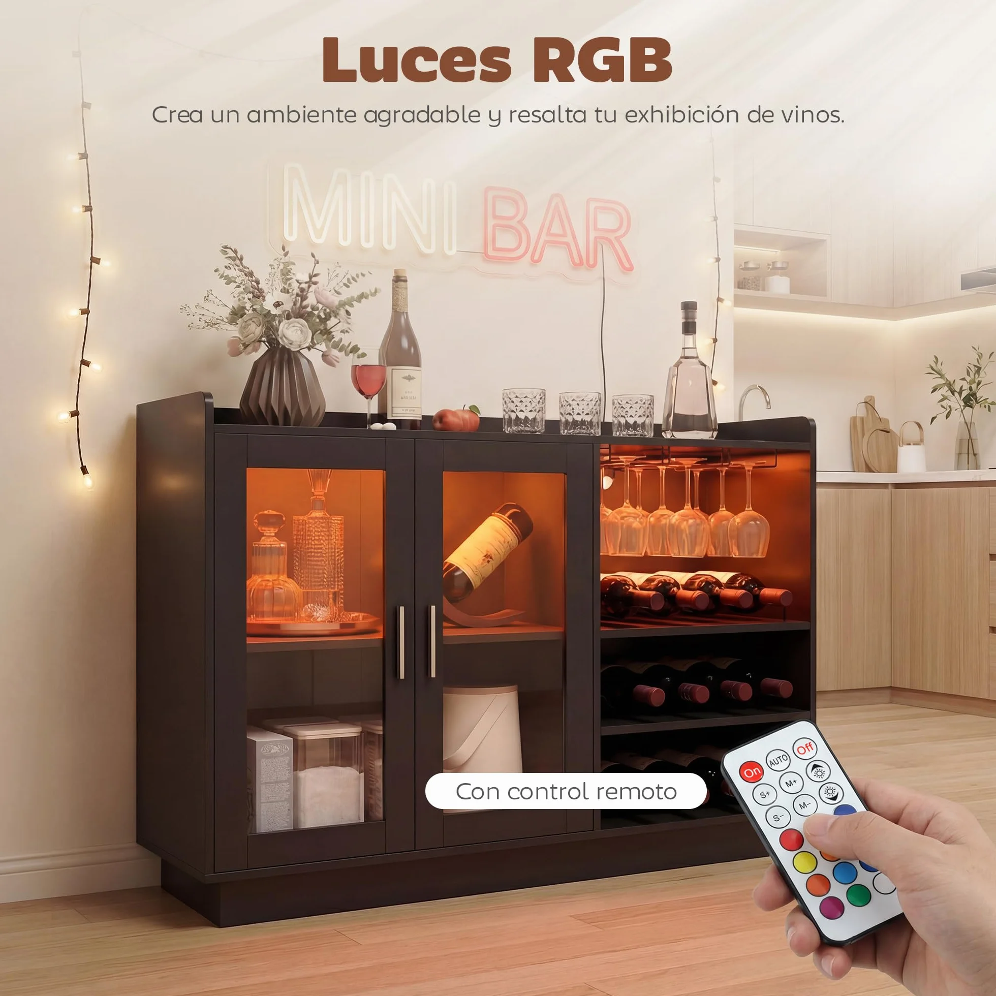 HOMCOM Mueble de Bar, Armario Buffet para Vinos con Luces LED RGB y Botellero para 12 Botellas, Aparador de Cocina con Estante Ajustable y Puertas de Cierre Suave, para Comedor, Salón, Negro