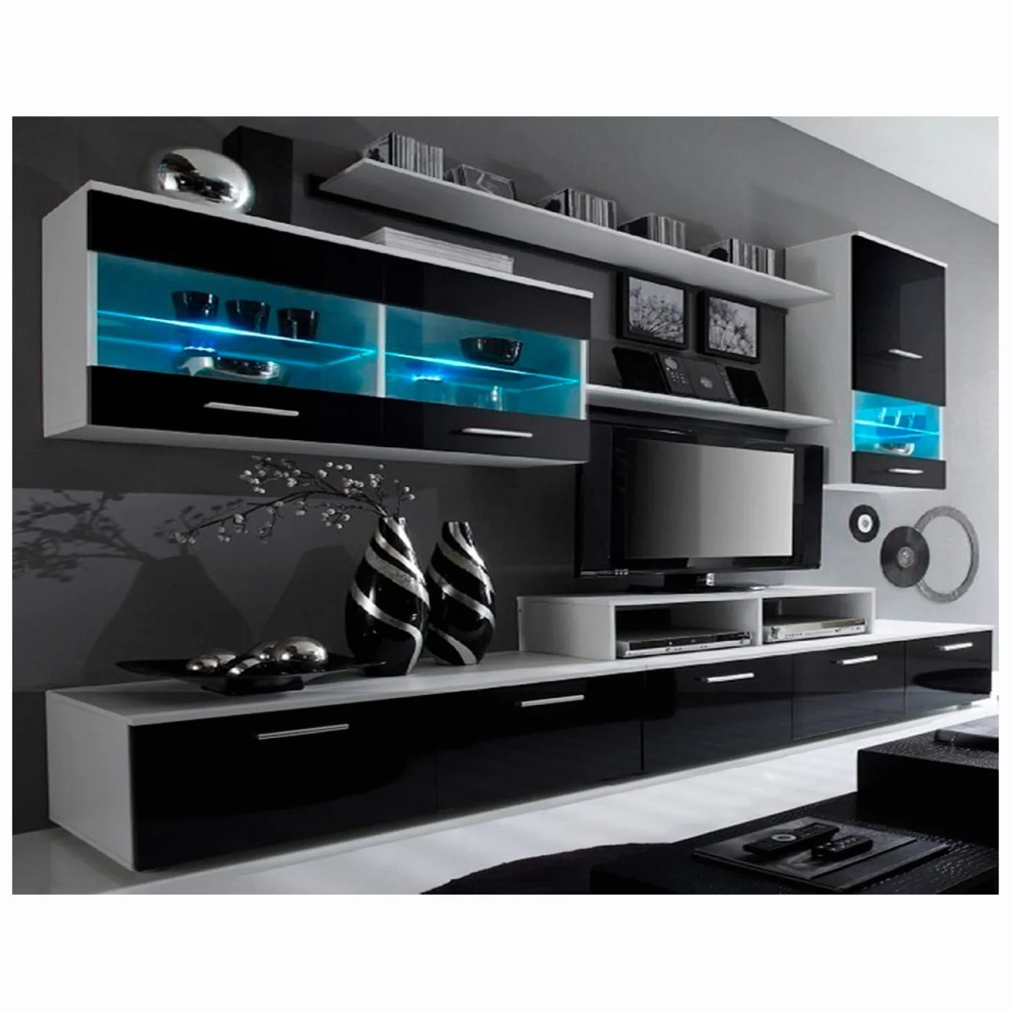 Skraut Home | Conjunto Salón, Mueble Alto, Mueble TV Bajo, Comedor, Conjunto Salón Contemporáneo con Iluminación LED | Blanco Mate y Lacado Negro | Medidas: 250x194x42cm