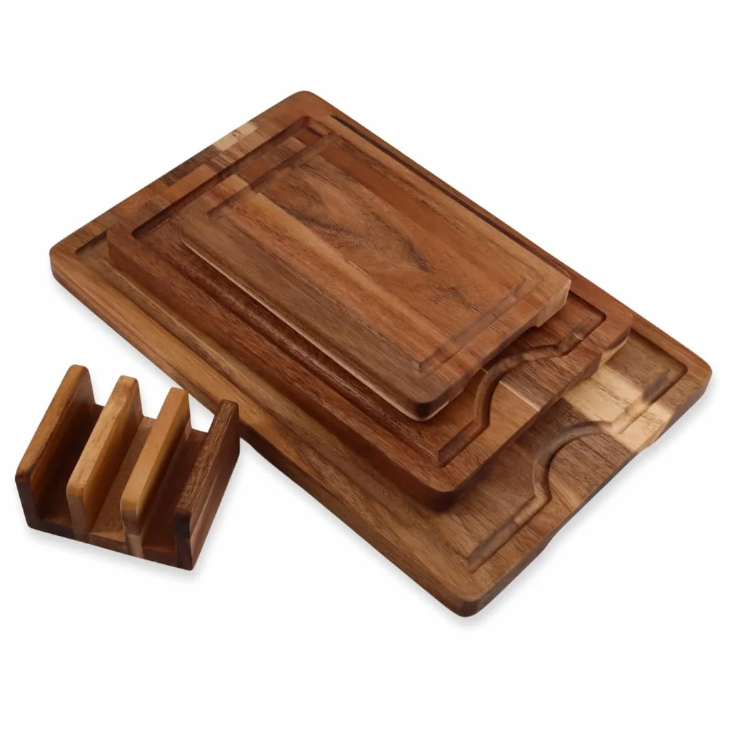 Lacers PurpleLine - Tabla de cortar de madera de acacia de 4 piezas con ranura para jugo y pies antideslizantes, juego de tablas de cortar con soporte, sostenible y versátil, perfecta para cocina,