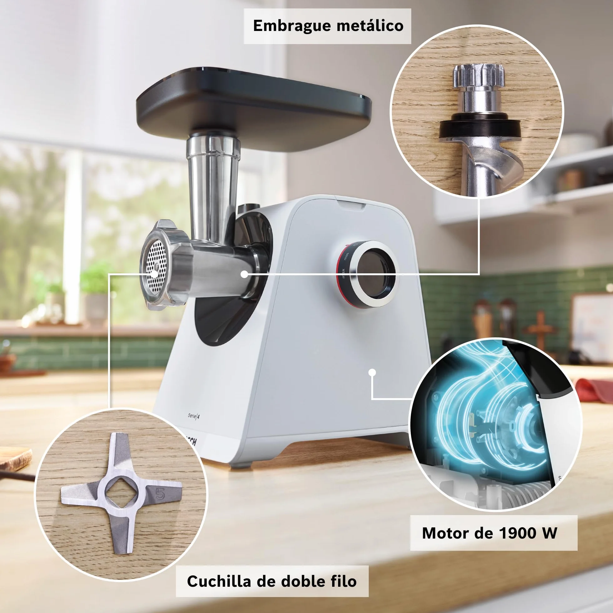Bosch - Picador de carne, MultiPower, Serie 4, 1900 W, Molinillo, Accesorio para salchichas, Blanco, MFWS420W