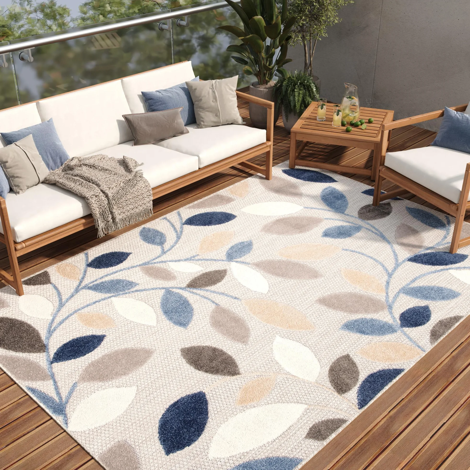 TAPISO Alfombra para terraza, Exterior, Interior, terraza, balcón, jardín de Invierno, Cocina, salón, Moderna, Beige, Azul, Gris, Hojas, Aspecto 3D, Resistente a la Intemperie, Oeko-Tex, 200 x 300 cm