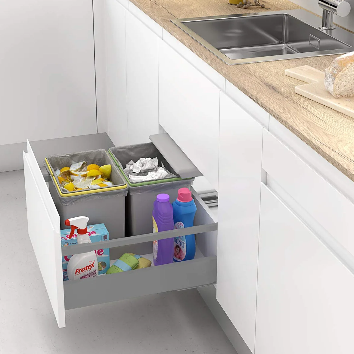 Cubos de Basura y Reciclaje con Tapa automática para cajón de Cocina - 16L + 16L