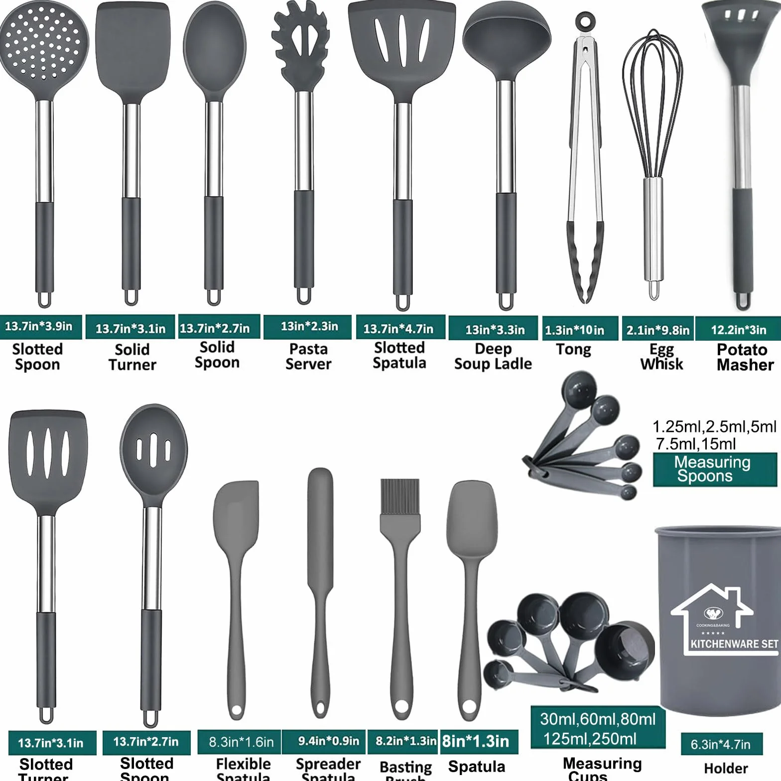 Juego de utensilios de cocina, juego de utensilios de cocina de silicona, espátula y cuchara, utensilios de cocina antiadherentes y resistentes al calor con mango de acero inoxidable, 44 piezas,