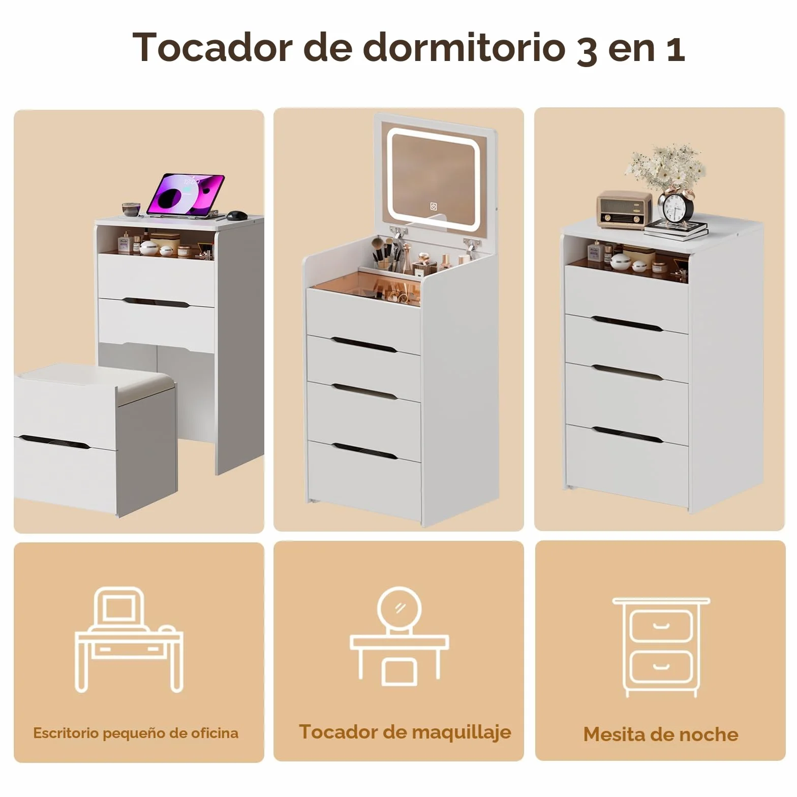 MSFE Tocador 3 en 1 con Espejo abatible Toca-dor con Luces LED de Brillo Escritorio de tocador con Escritorio de Vidrio Visible, Compacto con 3 cajones,Taburete Acolchado Tocado para Dormitorio