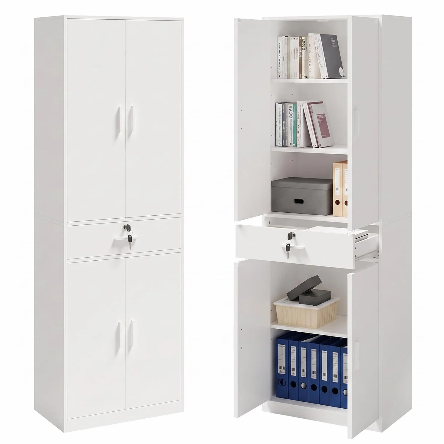Armario de Oficina Multifuncional con llave Cajones y Cerradura, Blanco | Armario de Almacenamiento Multifuncional con 5 Niveles y Baldas Ajustables, Para salón, dormitorio despacho，60 x 180 x 34 cm