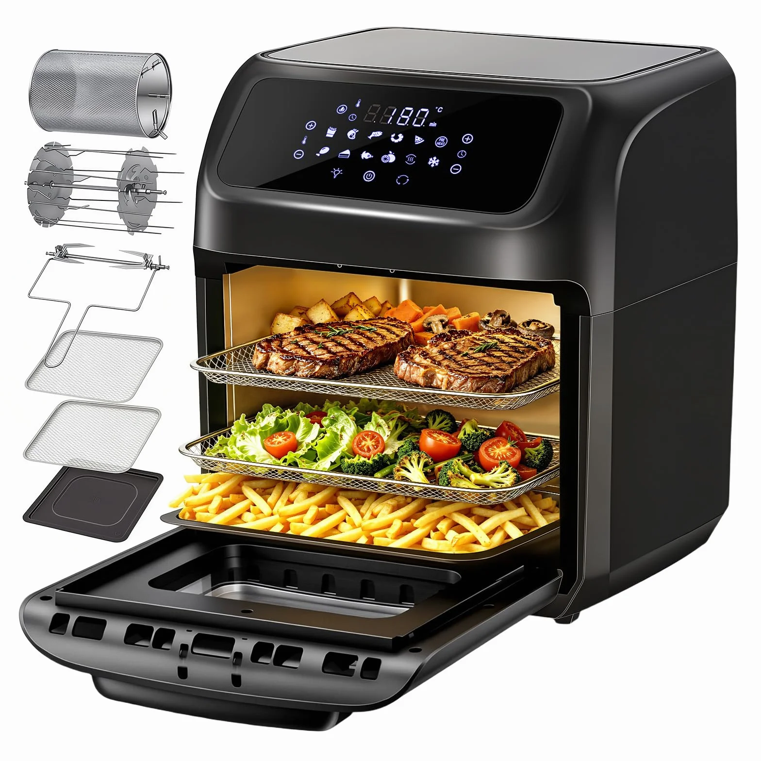LLIVEKIT Freidora de Aire Caliente 12 L, Horno de Aire Caliente, Mini Horno de 1800 W, Freidora de Aire Sin Aceite 12 en 1 con Pantalla LED Digital, Deshidratador de Frutas, Barbacoa