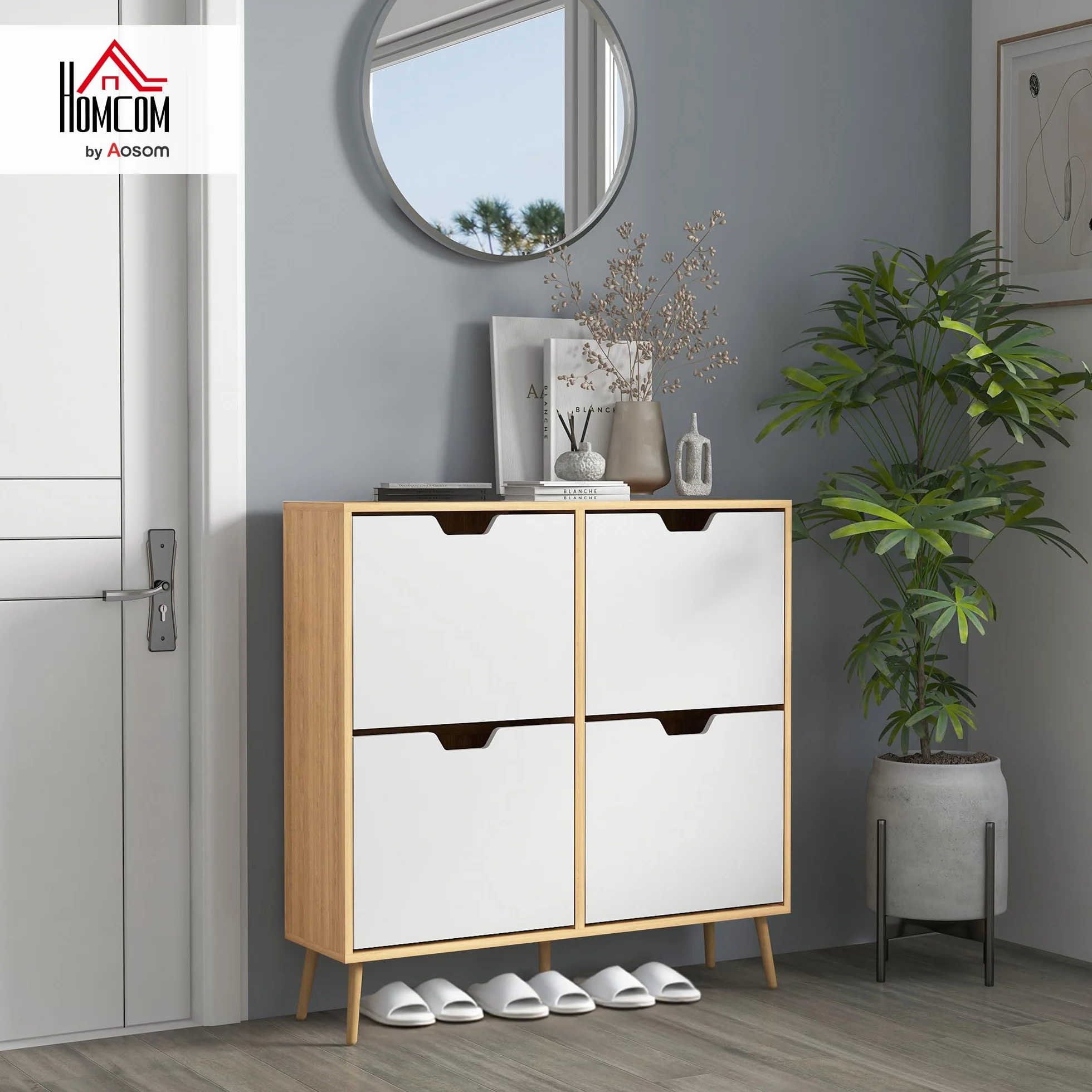 HOMCOM Zapatero Estrecho con 4 Cajones Abatibles, Zapatero Entrada Recibidor con Patas de Madera y Estantes Ajustables, para 16 Pares de Zapatos, para Pasillo, 95x26x95 cm, Blanco y Natural