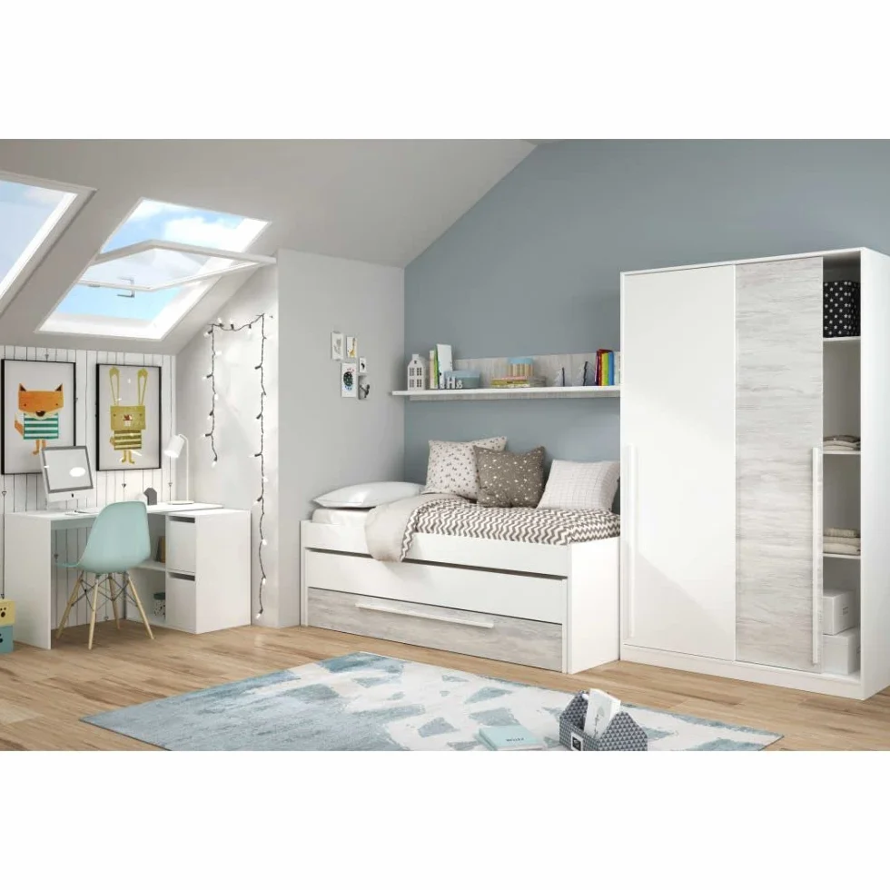 Mobelcenter, Cama Nido Juvenil Elliot 2 Camas 1 Cajón 1 Estante, Cama Doble Juvenil con 2 Camas 1 Cajón, Color Blanco Artik y Blanco Velho, Medidas: Ancho: 199 cm x Fondo: 96 cm x Alto: 65 cm (1383)